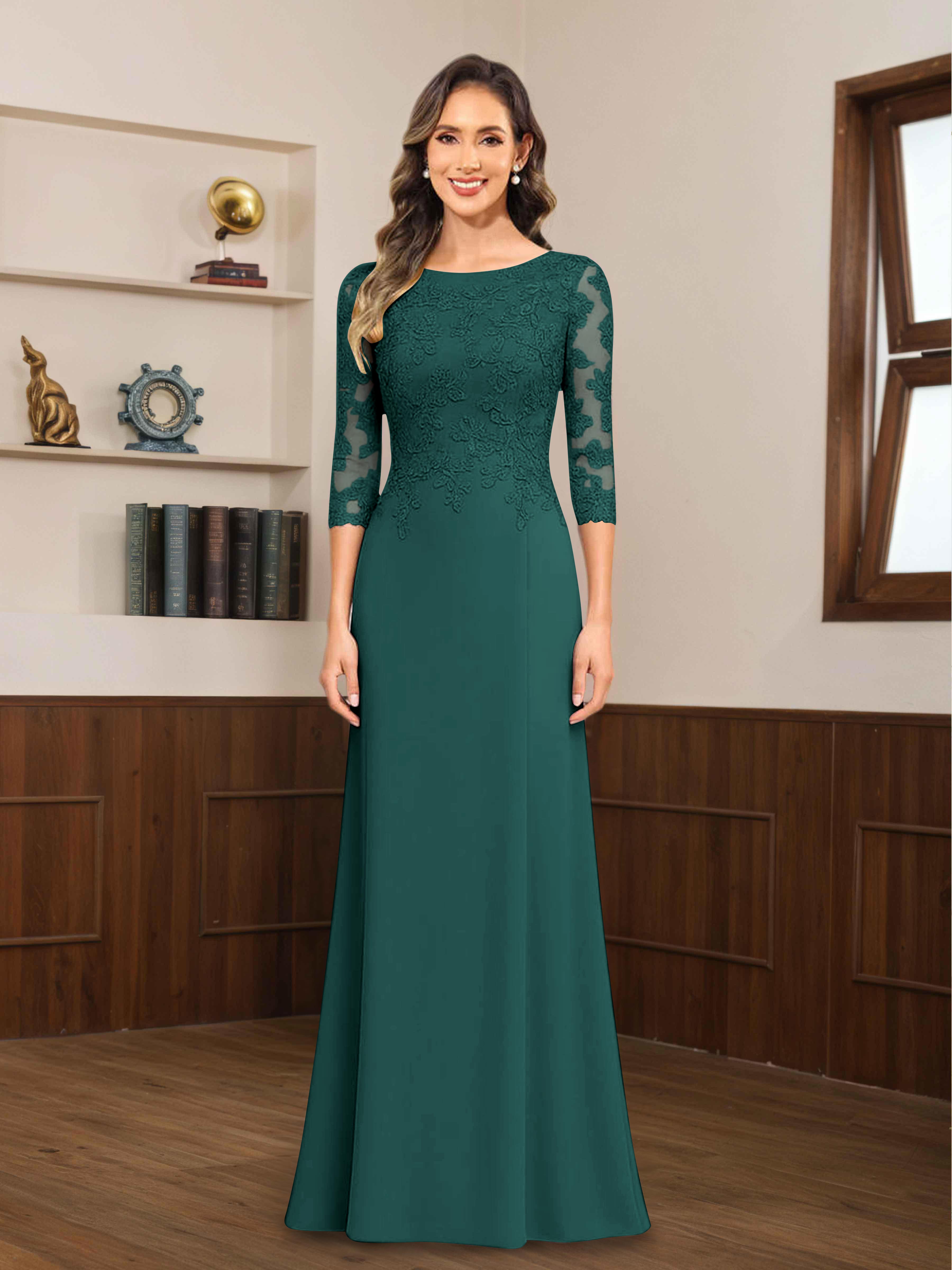 Mireya Enchanting Scoop 3/4 Sleeves Long Lace Chiffon Mother of The Bride Dresses