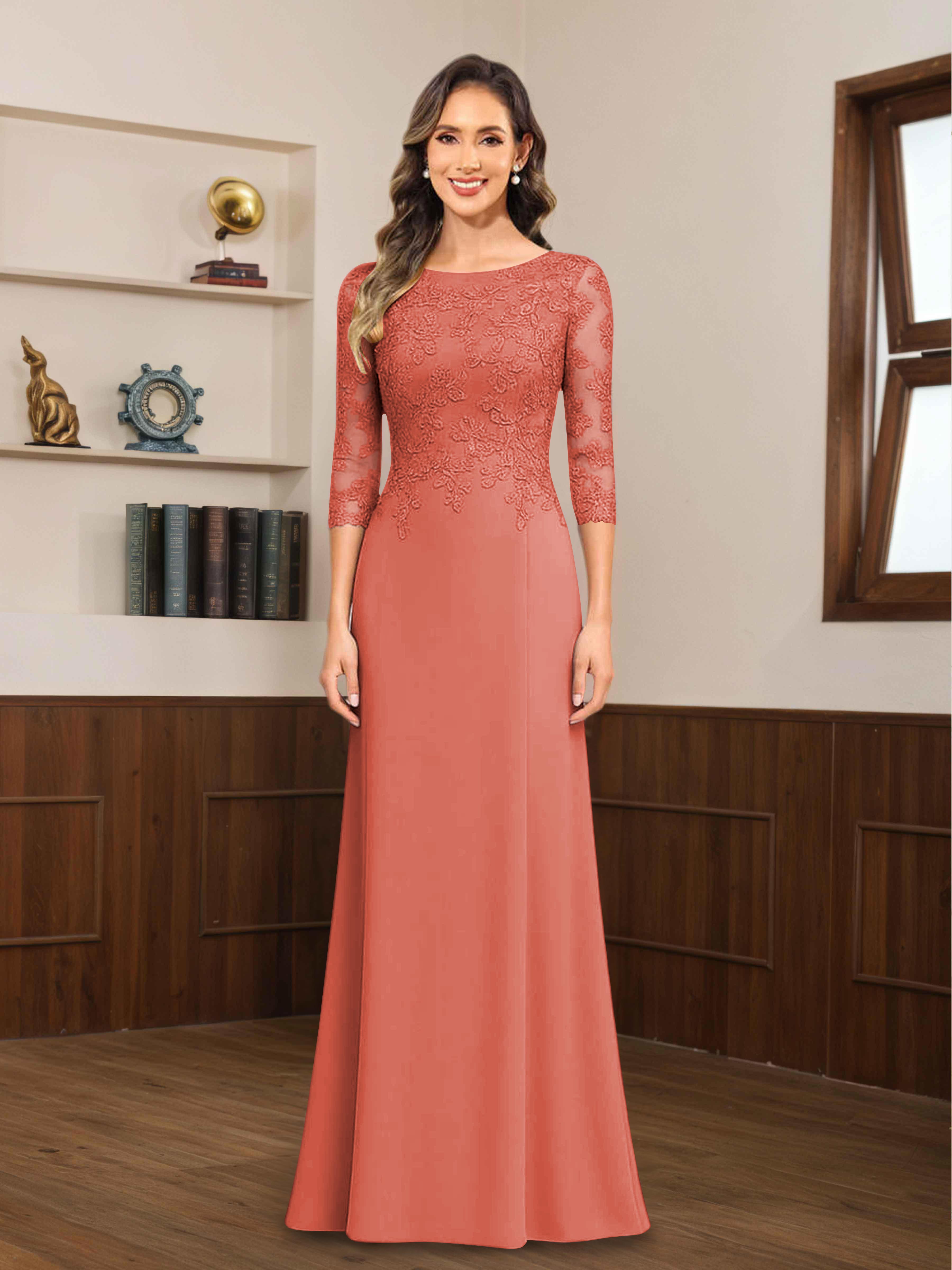 Mireya Enchanting Scoop 3/4 Sleeves Long Lace Chiffon Mother of The Bride Dresses