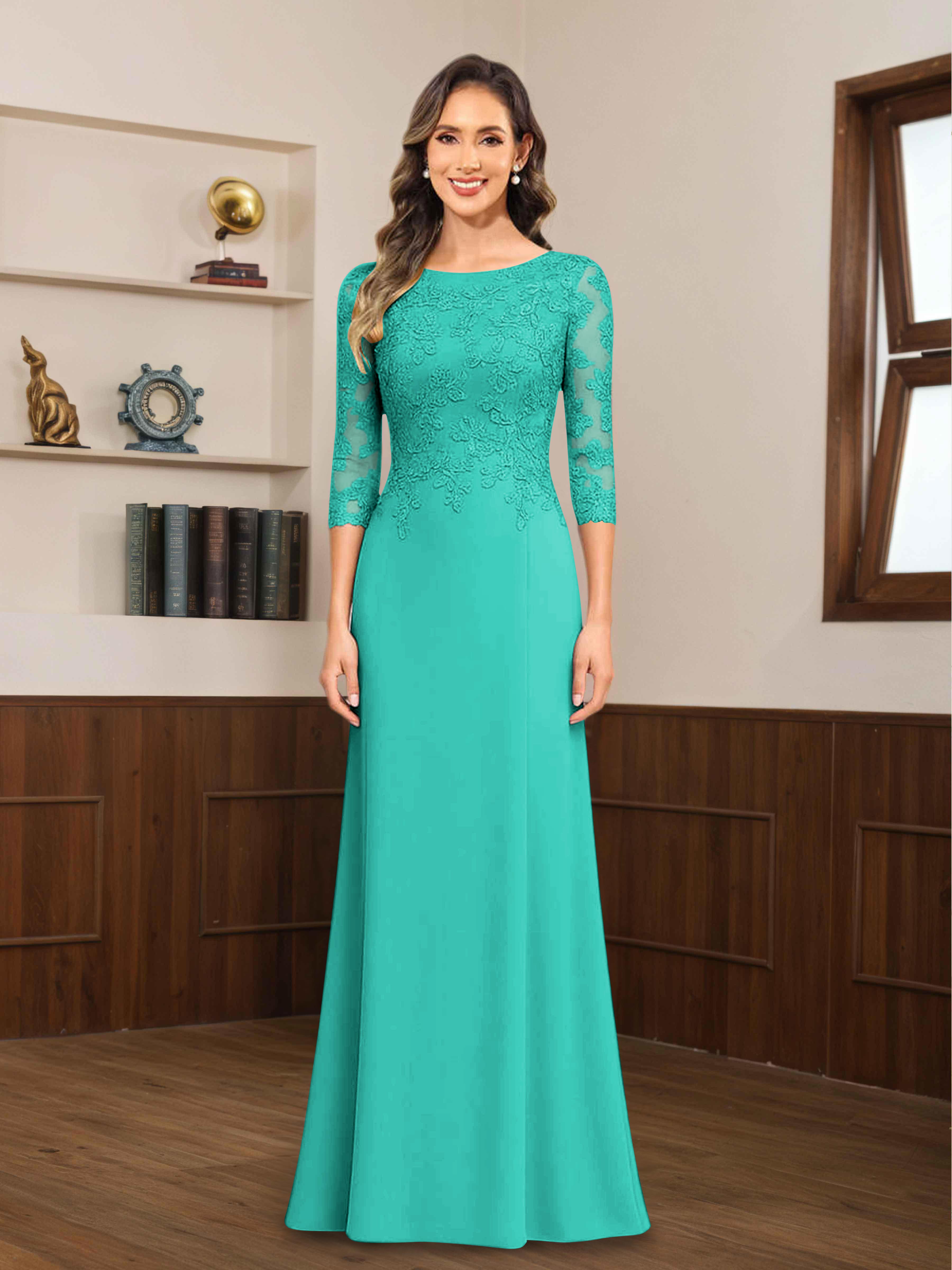 Mireya Enchanting Scoop 3/4 Sleeves Long Lace Chiffon Mother of The Bride Dresses