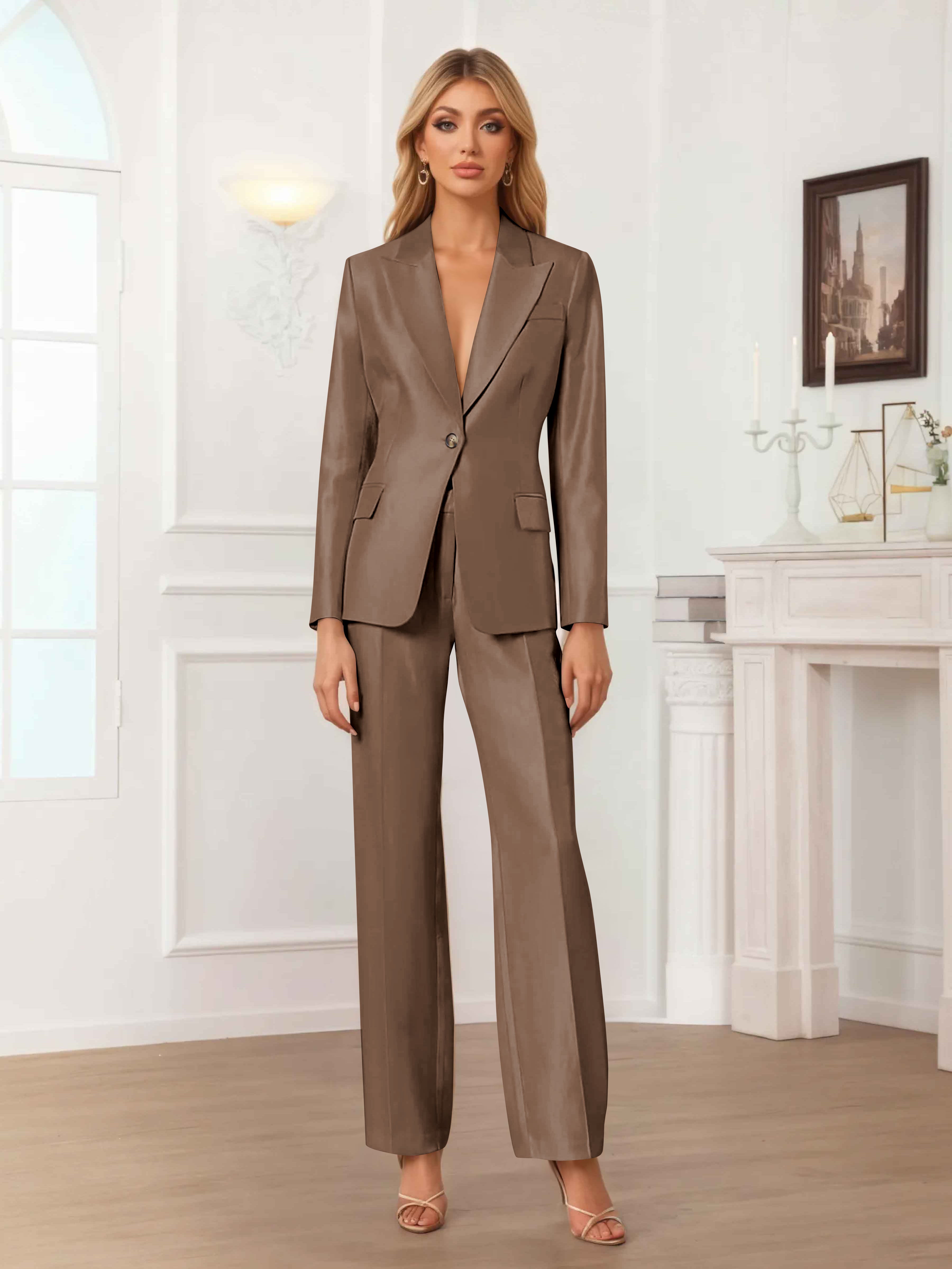 Women's 2 Pieces Peak Lapel One-Button Satin Formal Suit Set