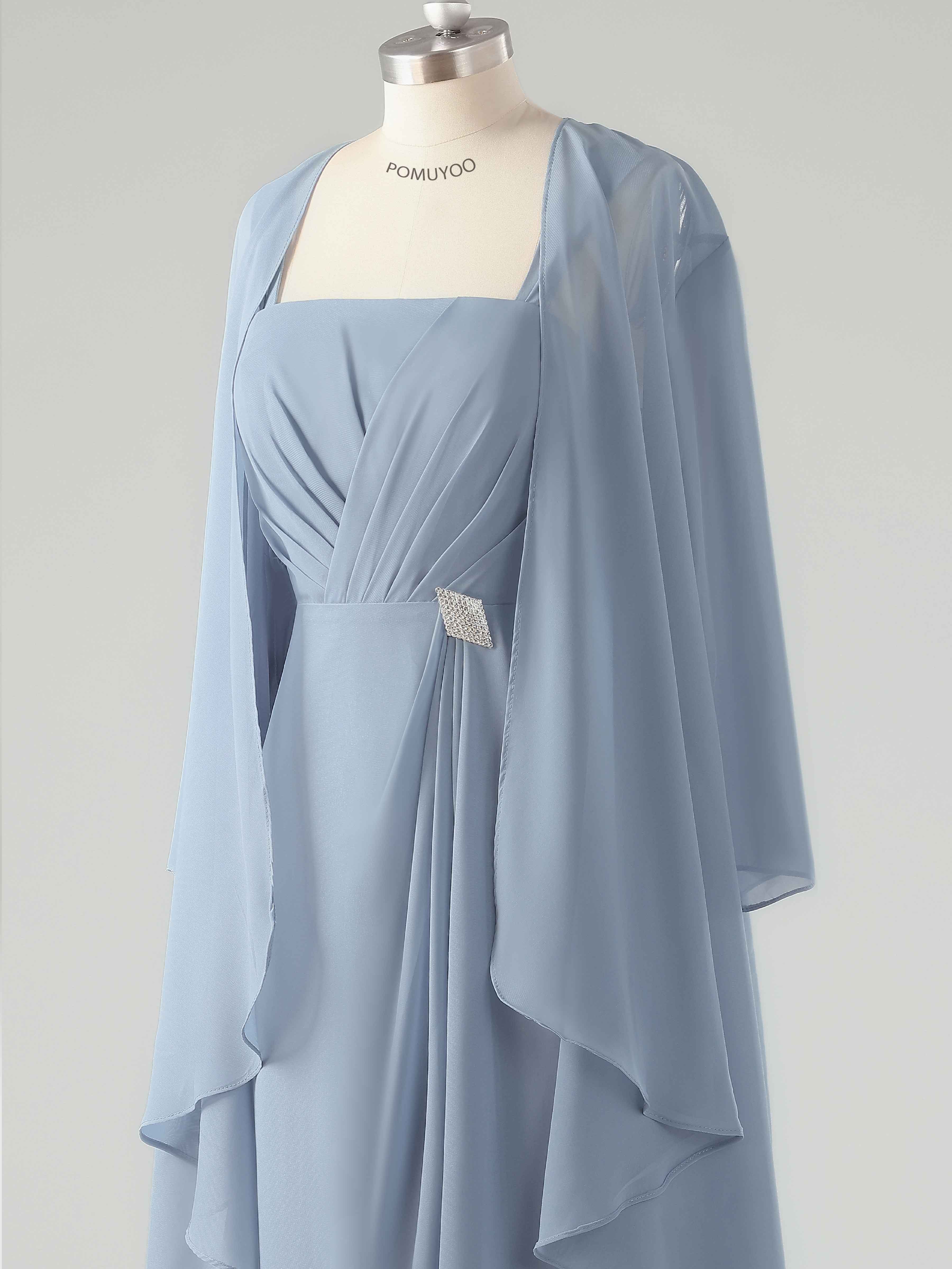 Modest A-Line Beading 2 Pieces Tea Length Chiffon Mother of The Bride Dresses