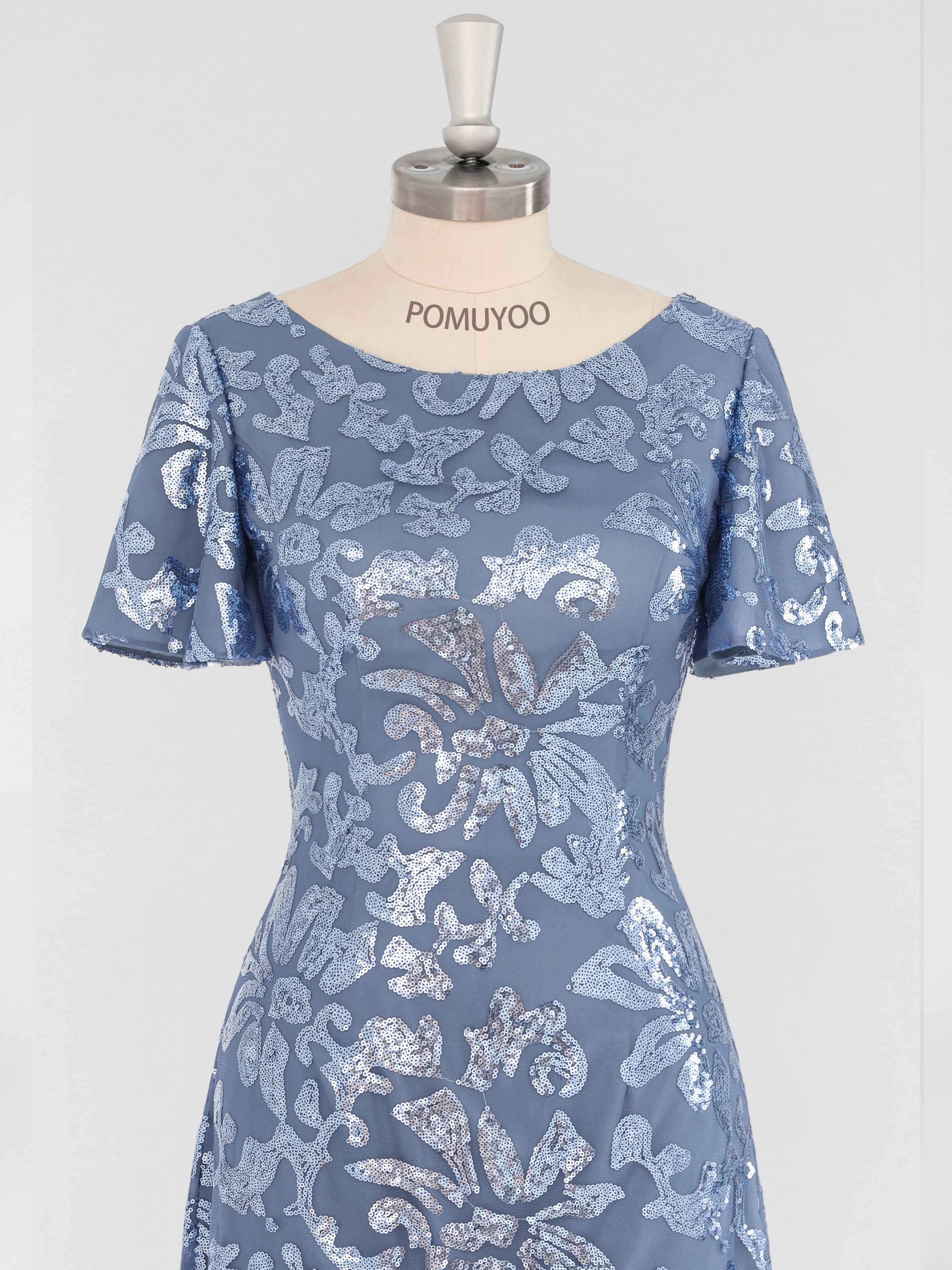 Modest A-Line Scoop Short Sleeves Tea Length Sequins Mother of the Bride & Groom Dresses