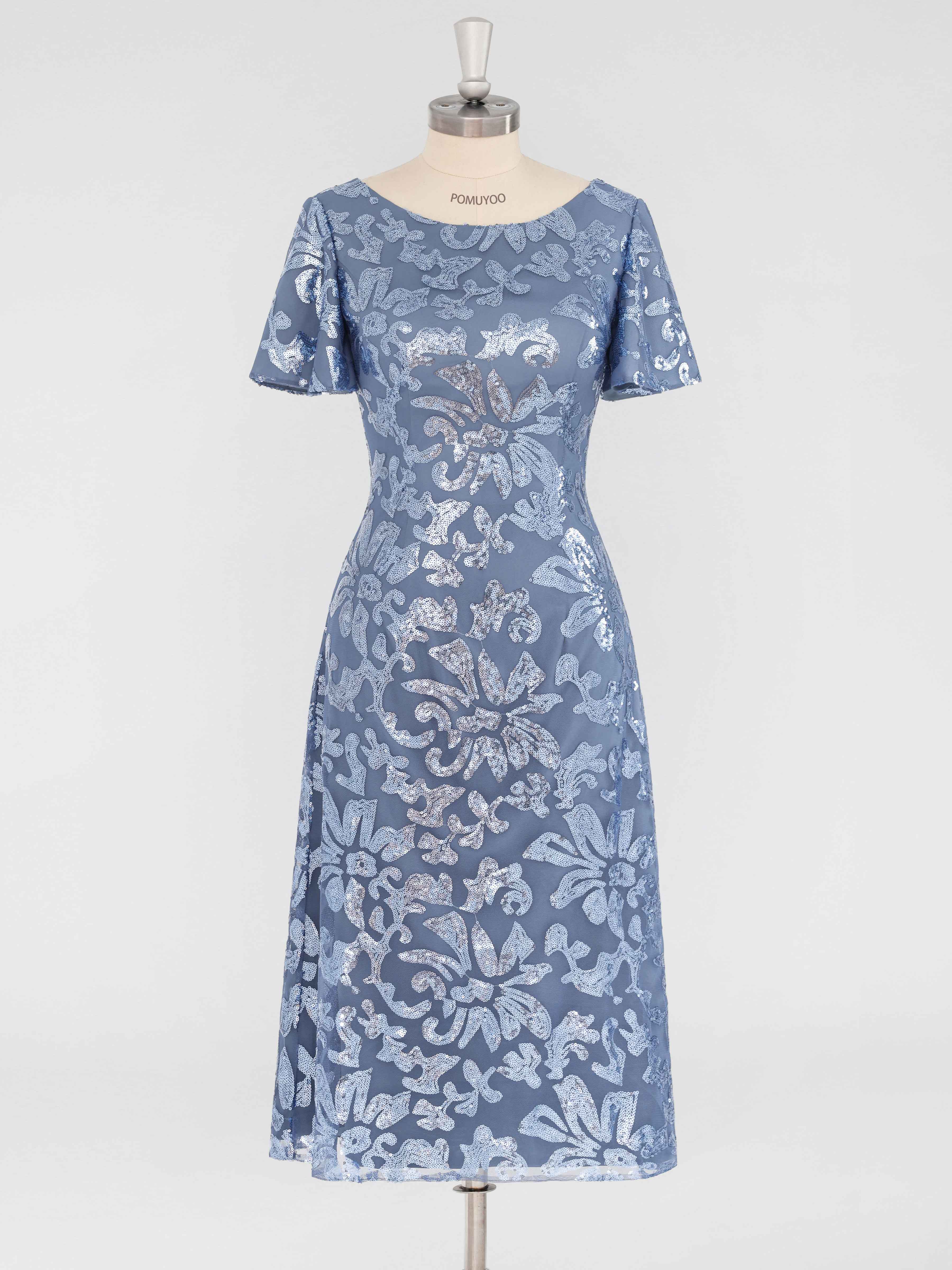 tea length vintage mother of the bride dresses Modest A-Line Scoop Short Sleeves Tea Length Sequins Mother of the Bride & Groom Dresses, Dusty Blue