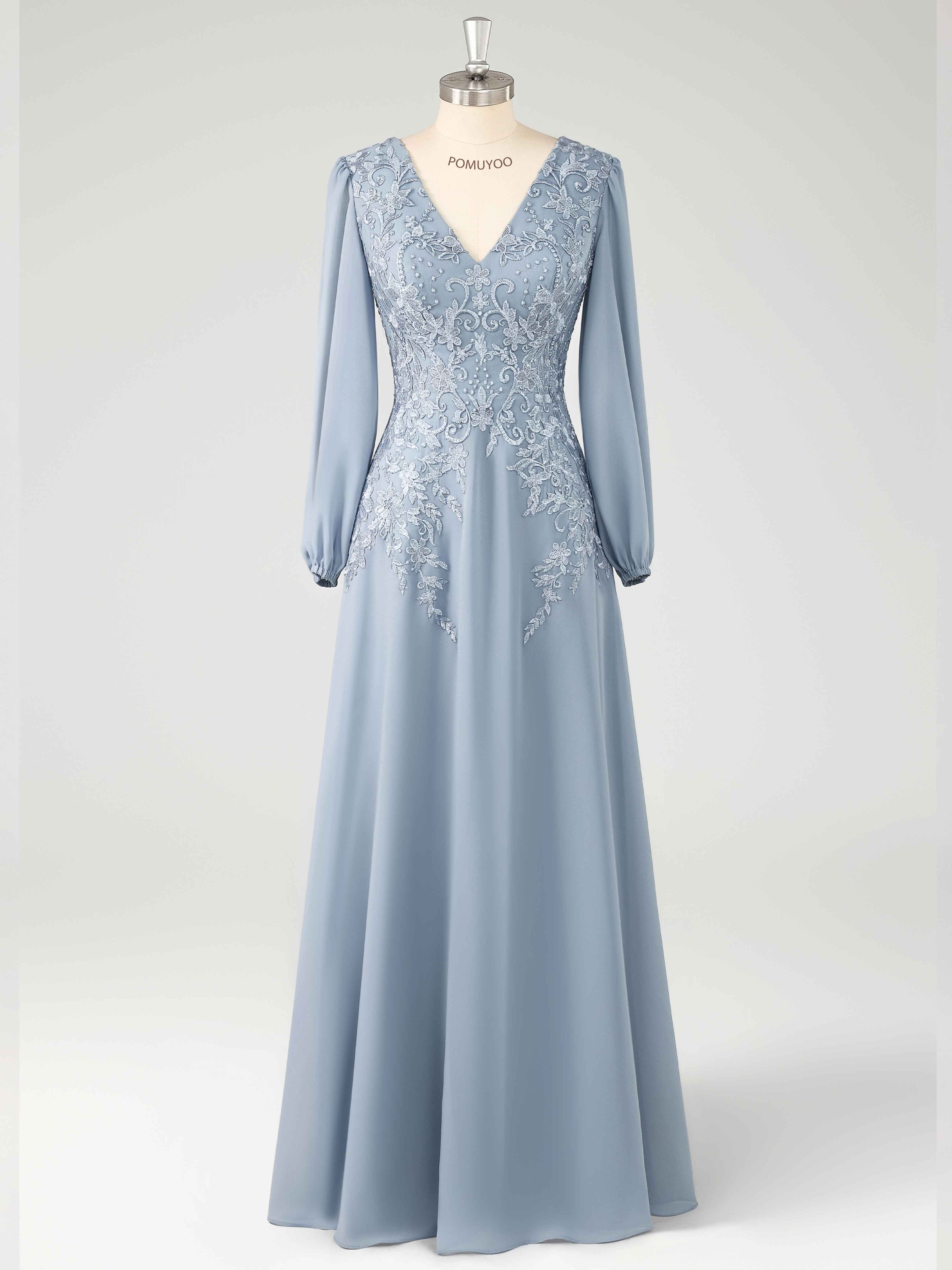 Modest A-Line Long Sleeves Appliques Floor Length Chiffon Mother of the Bride Dresses