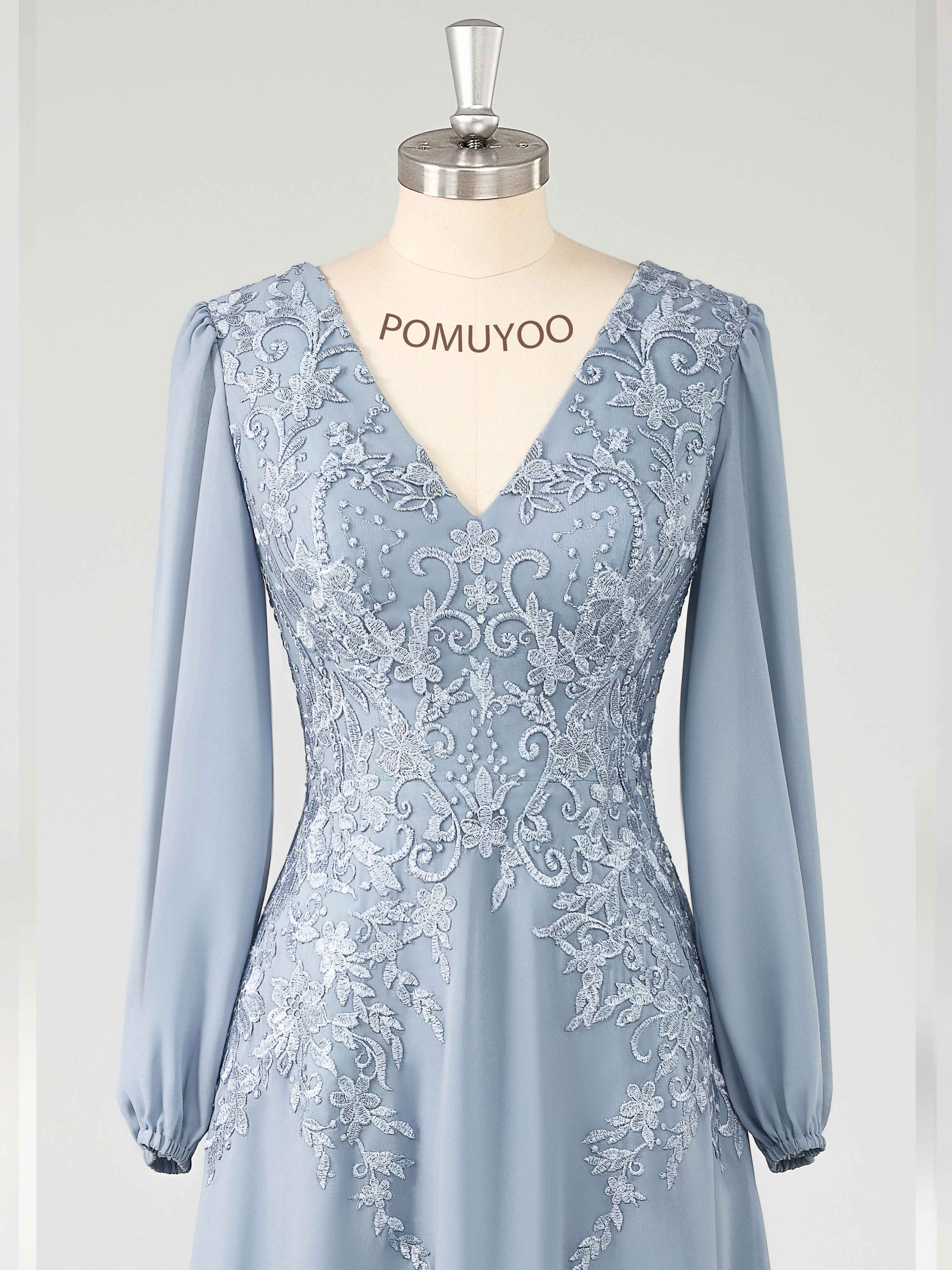 Modest A-Line Long Sleeves Appliques Floor Length Chiffon Mother of the Bride Dresses