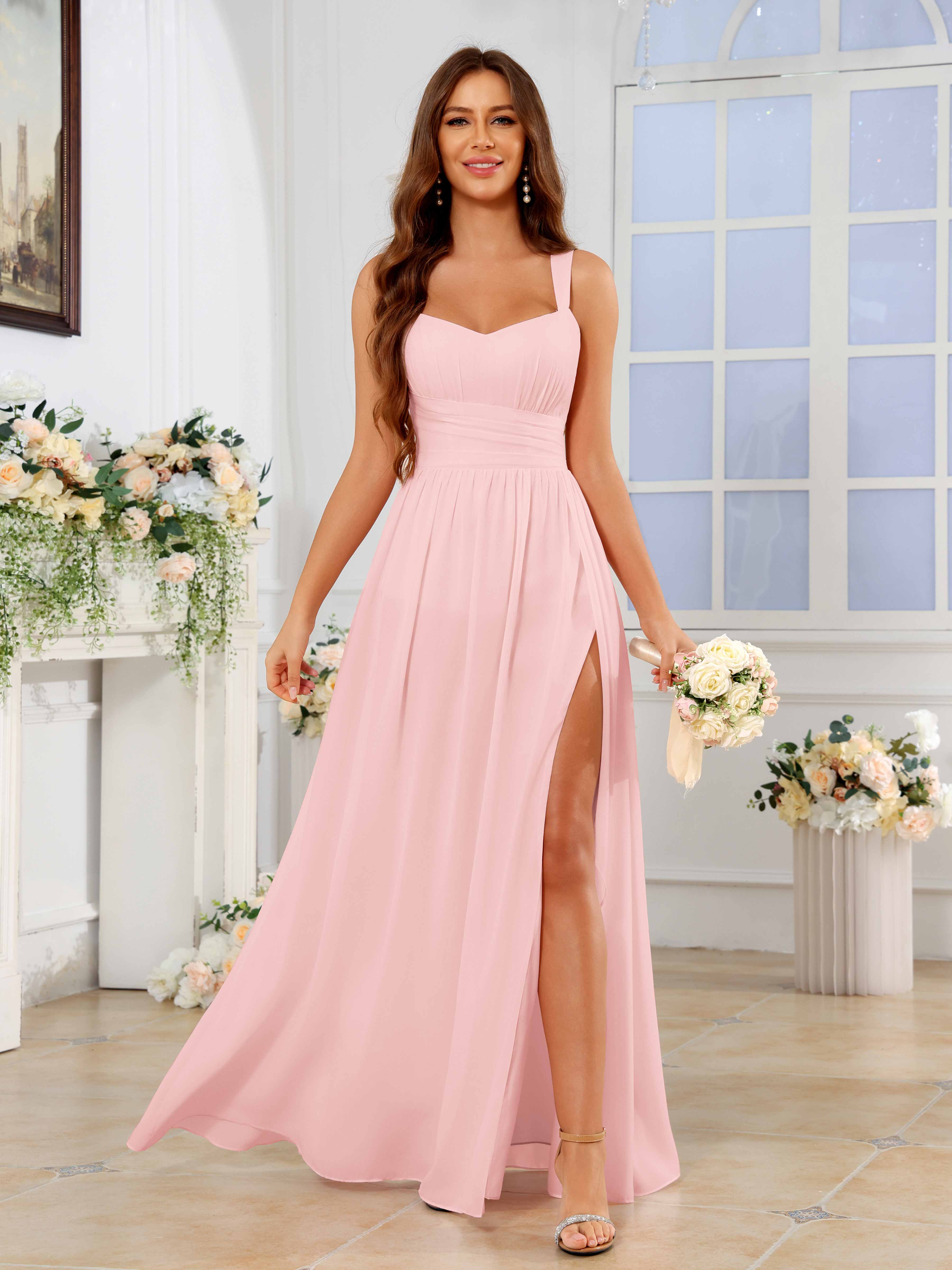 Mraelis Trendy Pleated Slit Floor Length Chiffon Bridesmaid Dresses, Blushing Pink Mraelis Trendy Pleated Slit Floor Length Chiffon Bridesmaid Dresses, Blushing Pink