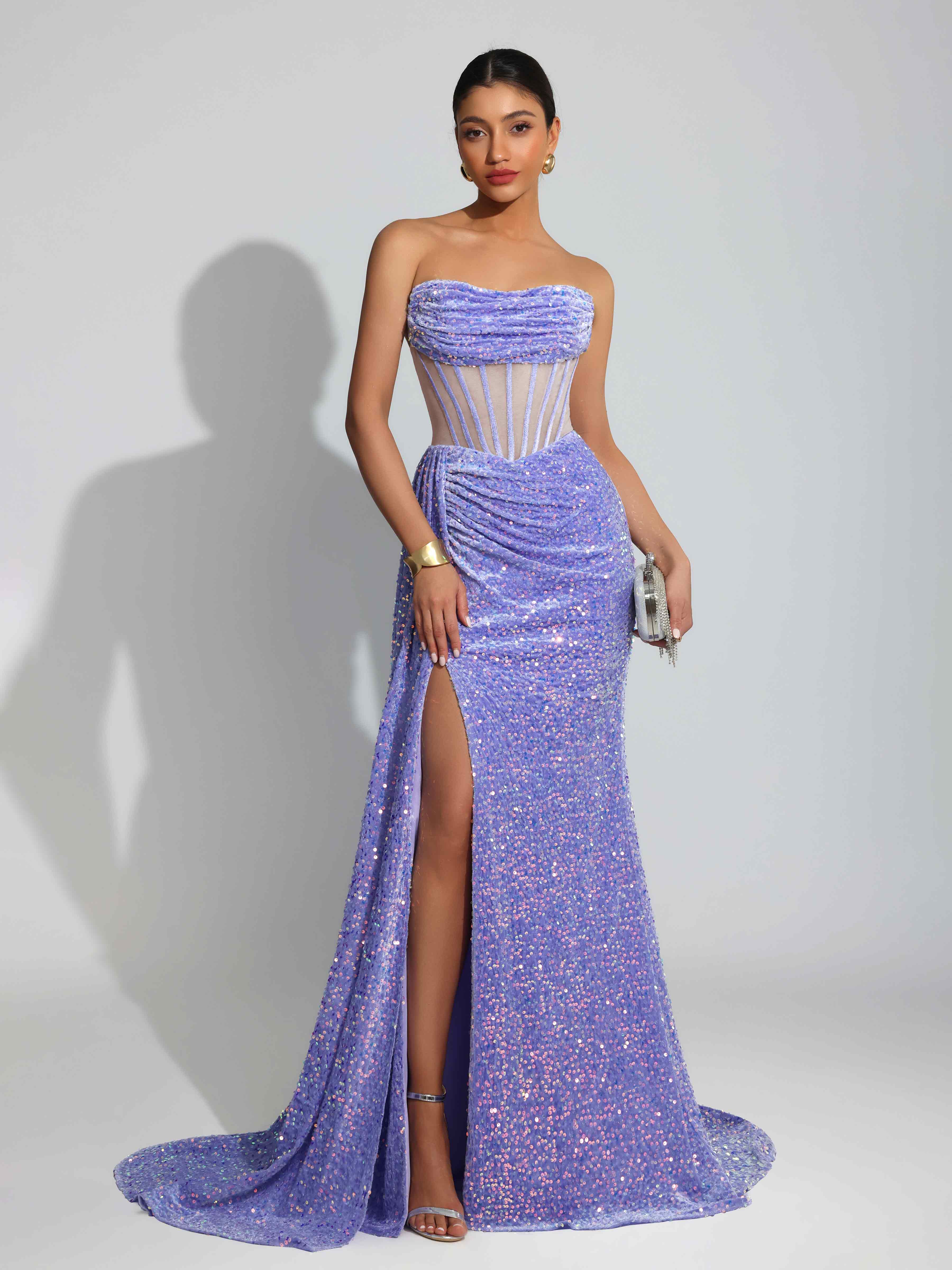 Mraelith Stunning Strapless Corset Slit Velvet Sequins Train Prom Dresses