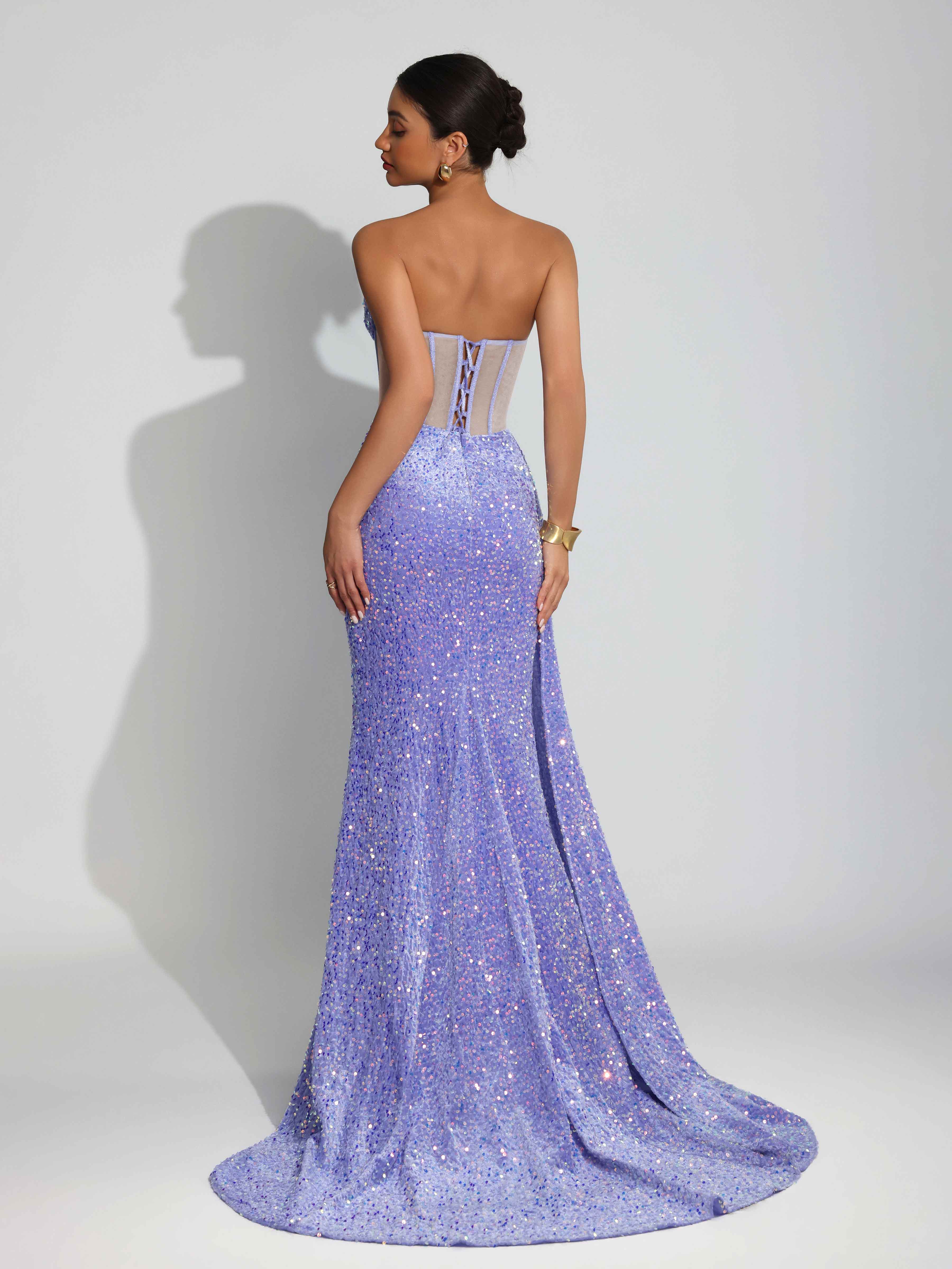 Mraelith Stunning Strapless Corset Slit Velvet Sequins Train Prom Dresses