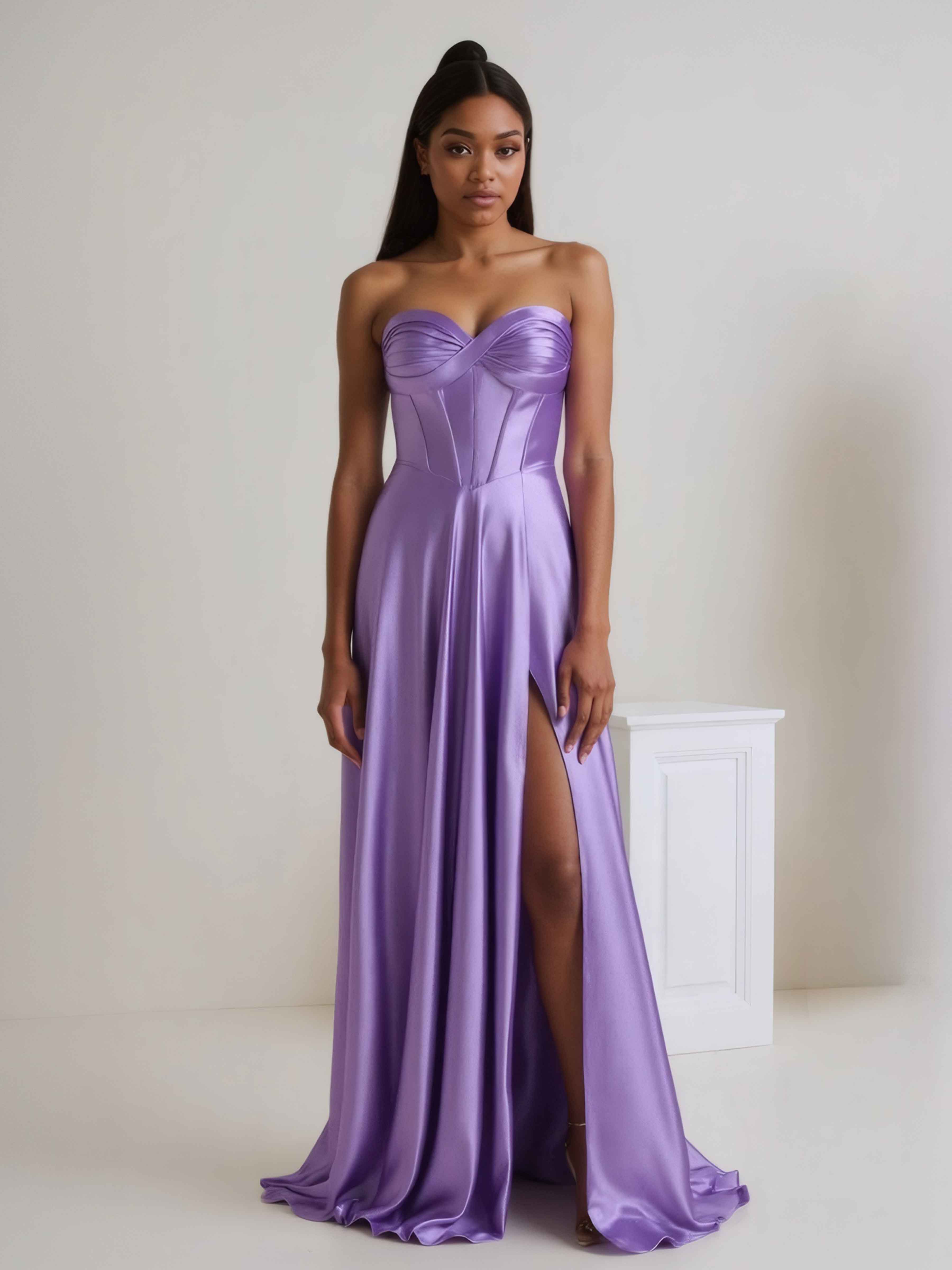 Murphy Chic A-Line Strapless Corset Slit Satin Prom Dresses