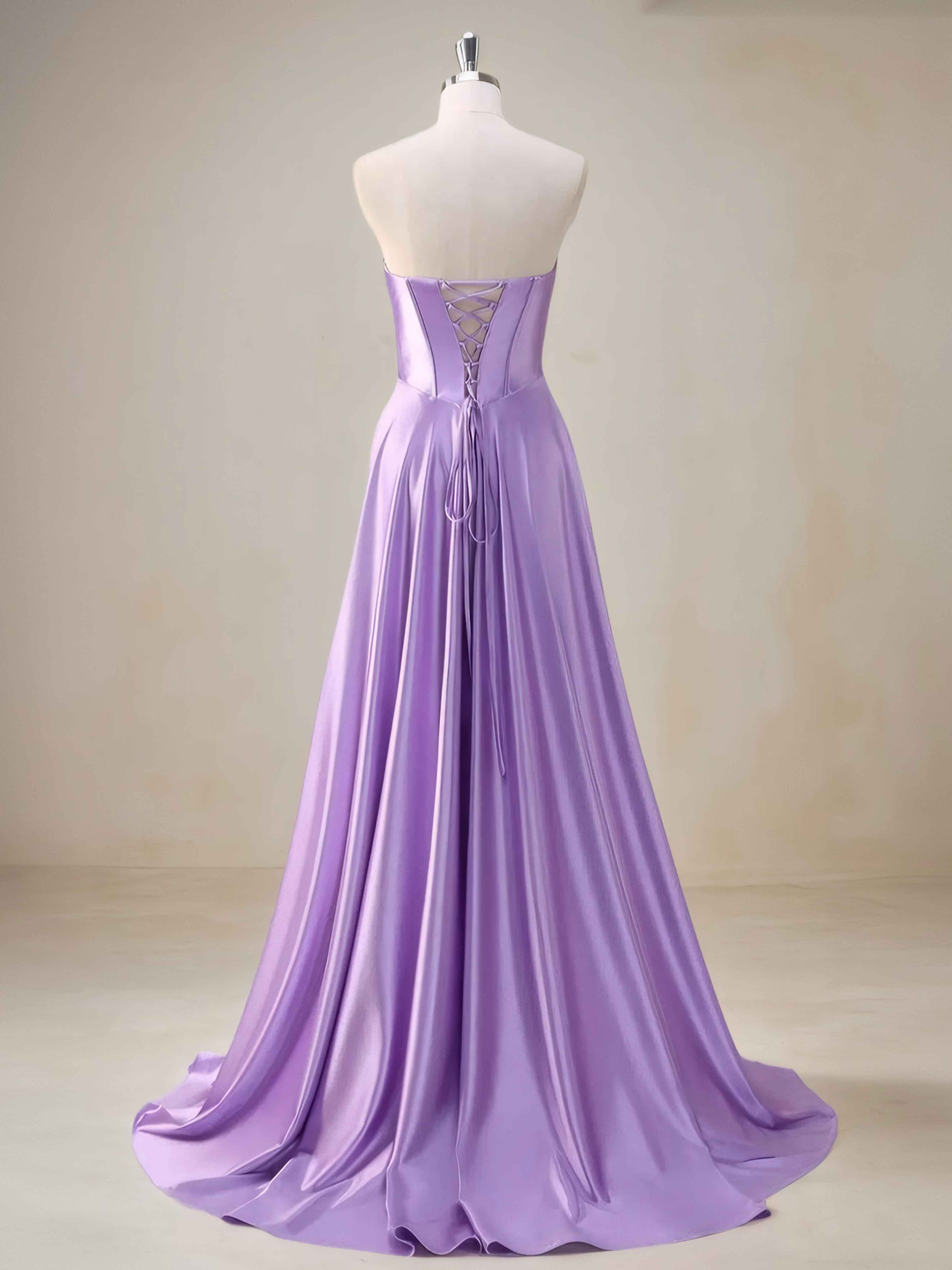 Murphy Chic A-Line Strapless Corset Slit Satin Prom Dresses