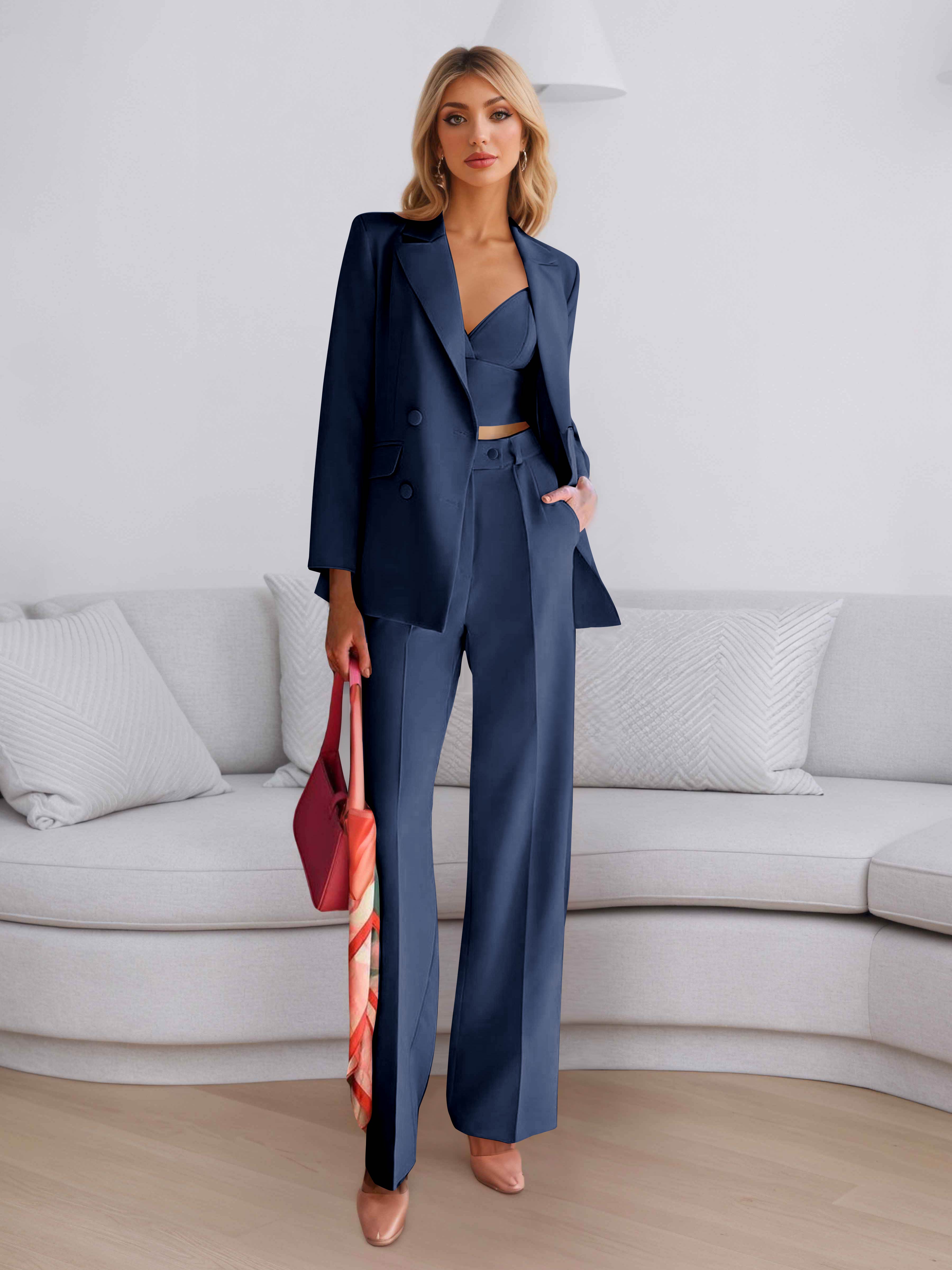Elegant Women's 3 Pieces Solid Formal Blazer and Pants Suit Set