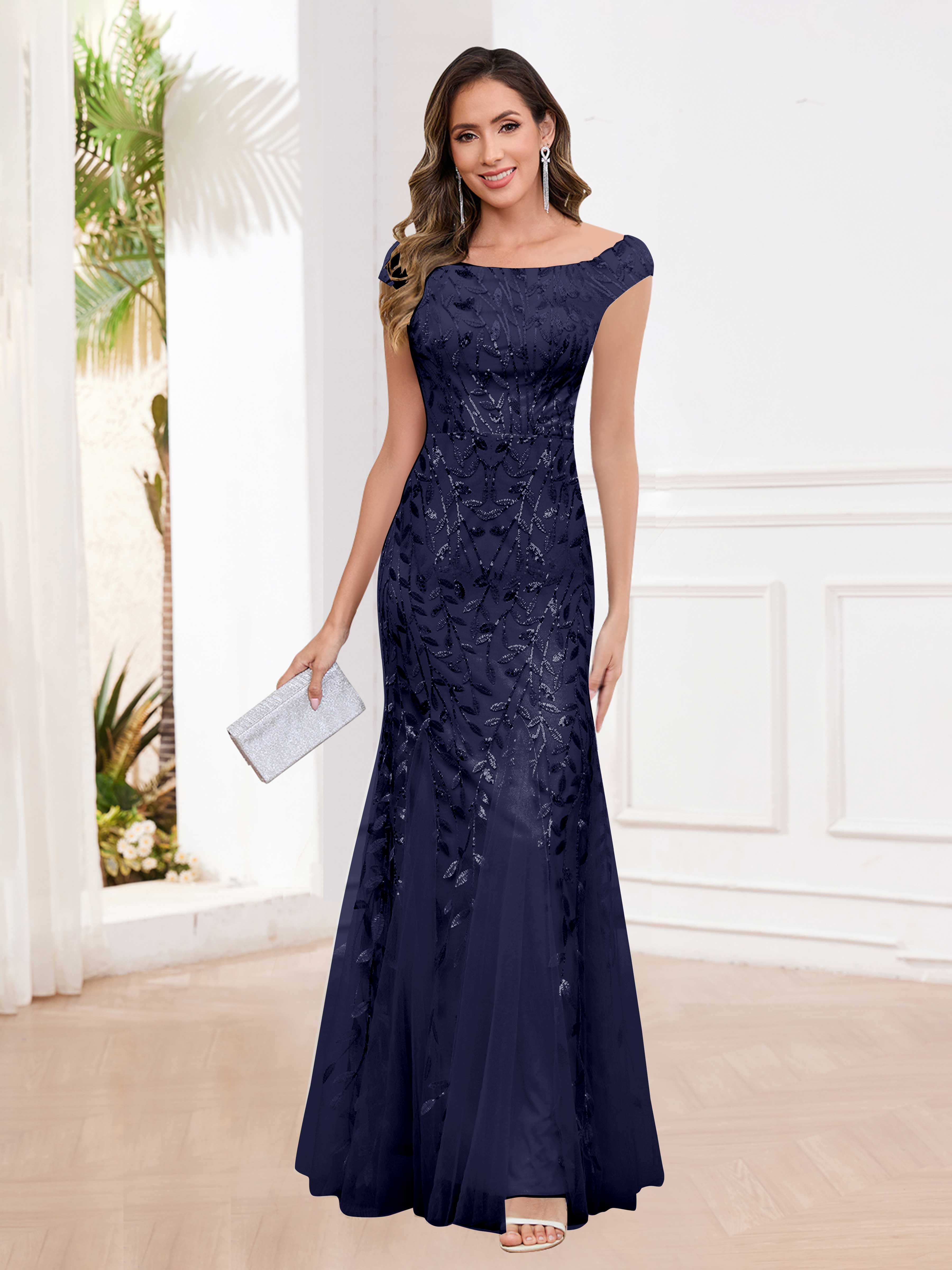 Aelindra Modern Sheath Leaf Sequins Long Mother of the Bride & Groom Dresses