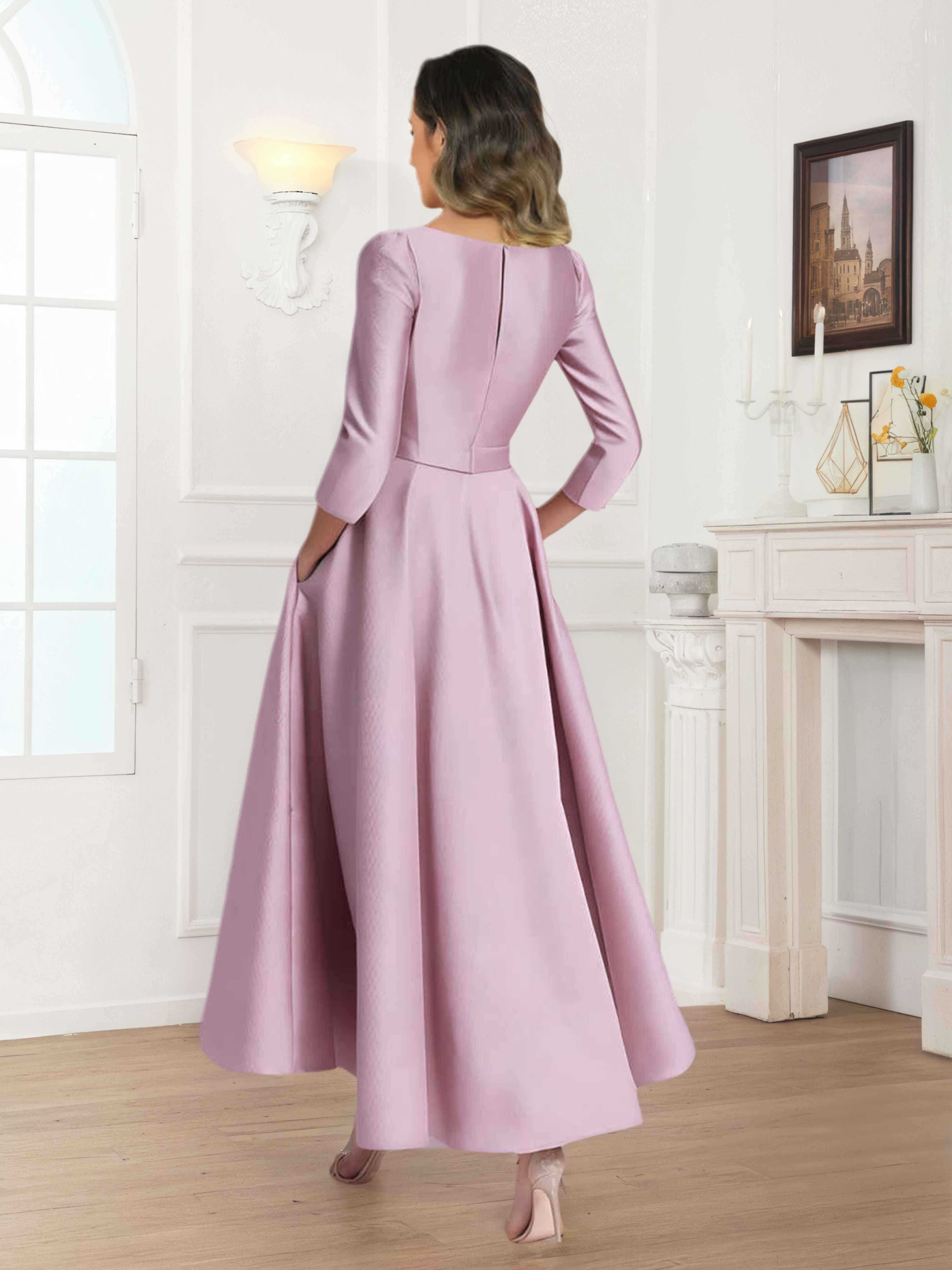 Nerine A-Line Long Sleeves Flower Pleated Satin Mother of The Bride Dresses