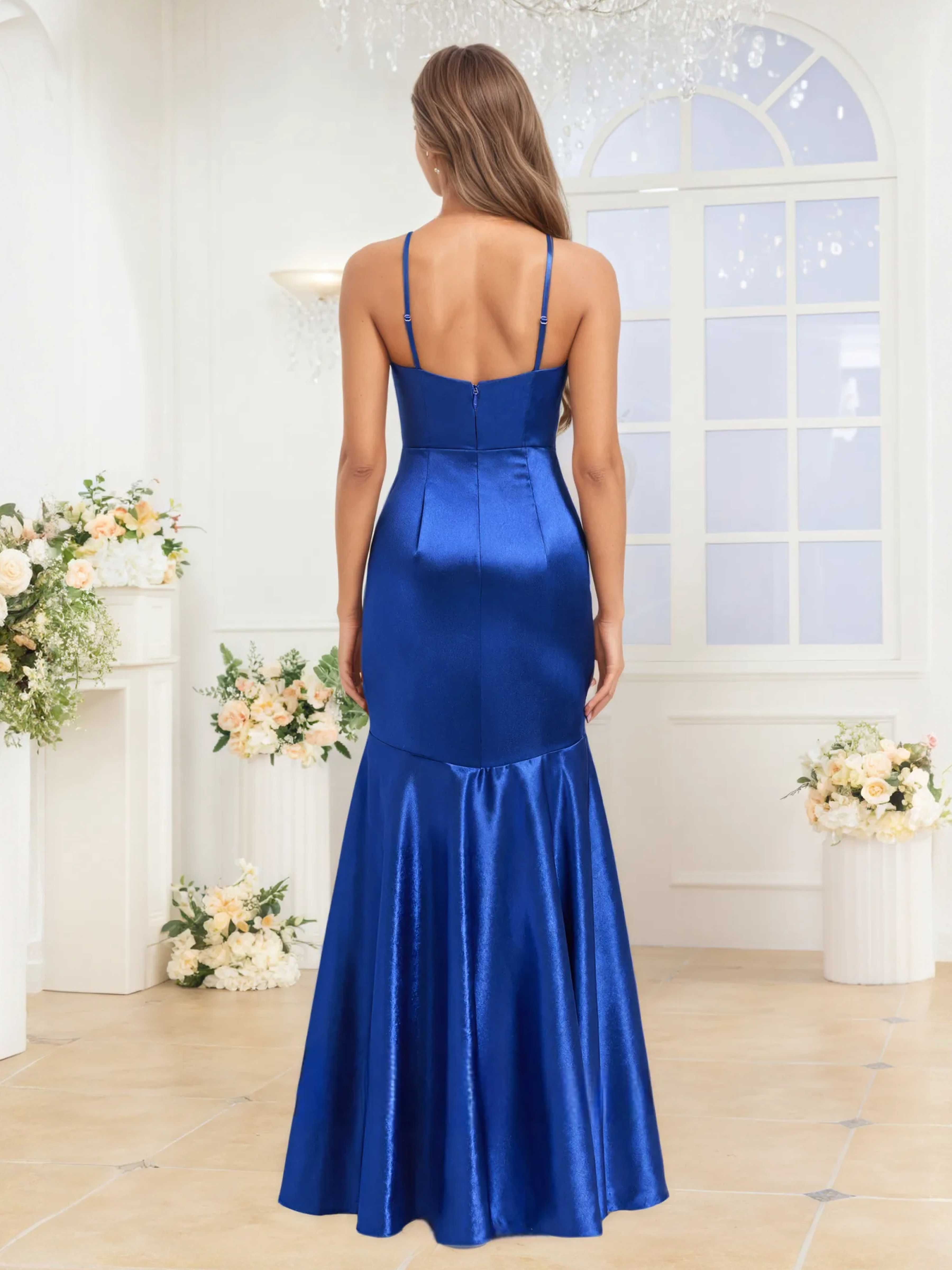 Nerissa Modern Mermaid Halter Long Satin Formal Dresses