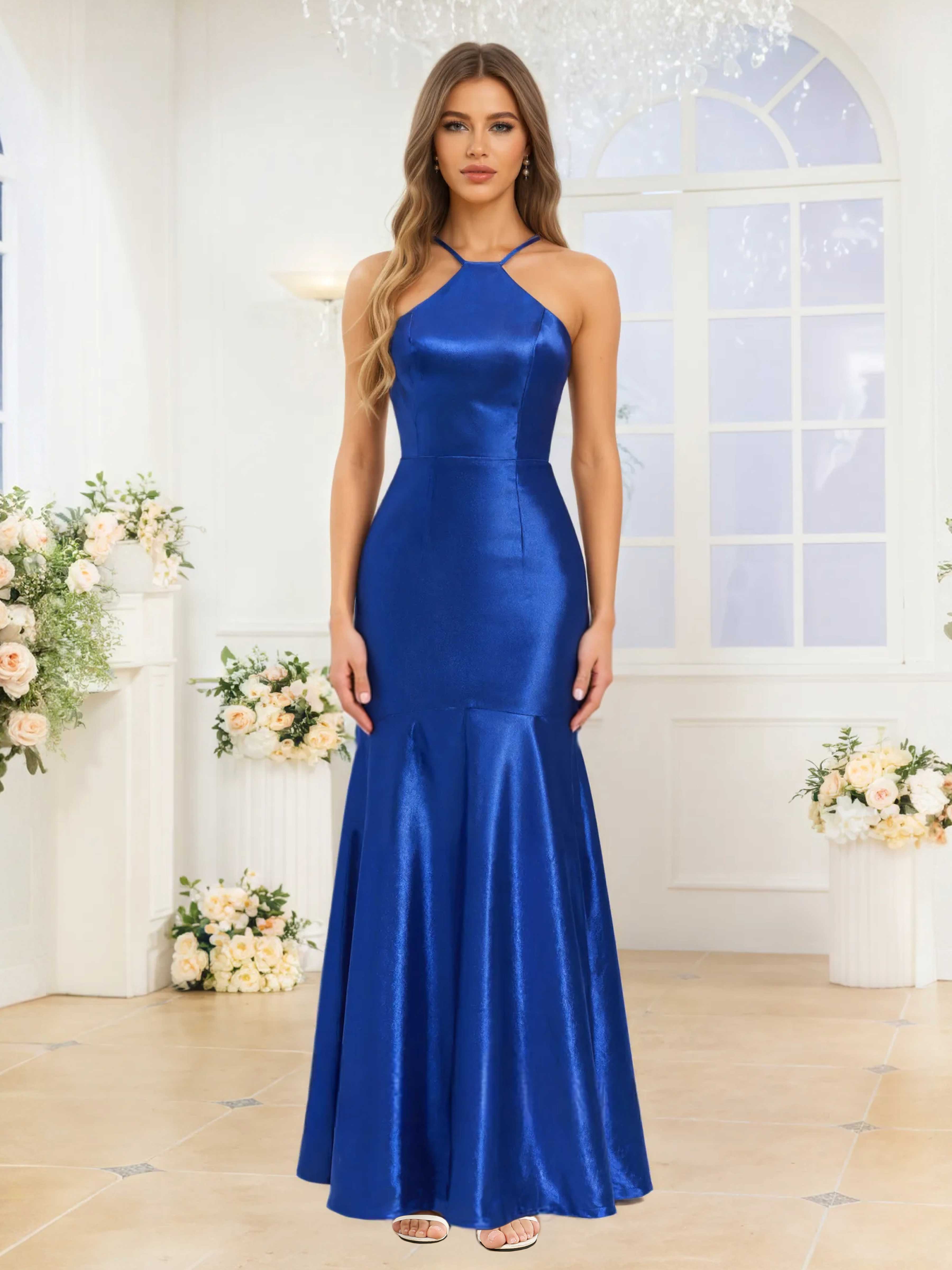 Nerissa Modern Mermaid Halter Long Satin Formal Dresses, Royal Blue Nerissa Modern Mermaid Halter Long Satin Formal Dresses, Royal Blue