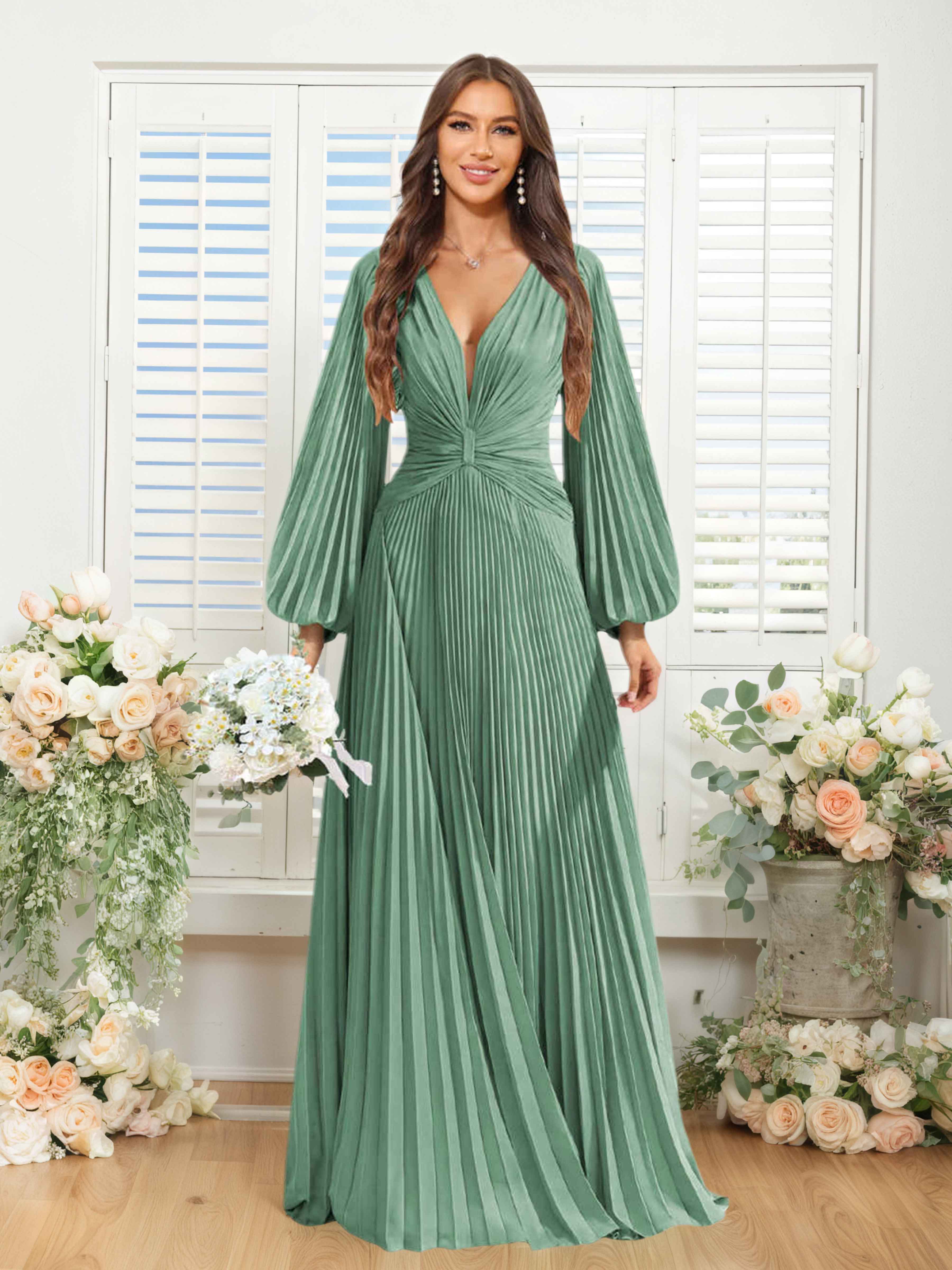 Nerys A-Line V Neck Pleated Floor Length Chiffon Bridesmaid Dresses, Eucalyptus