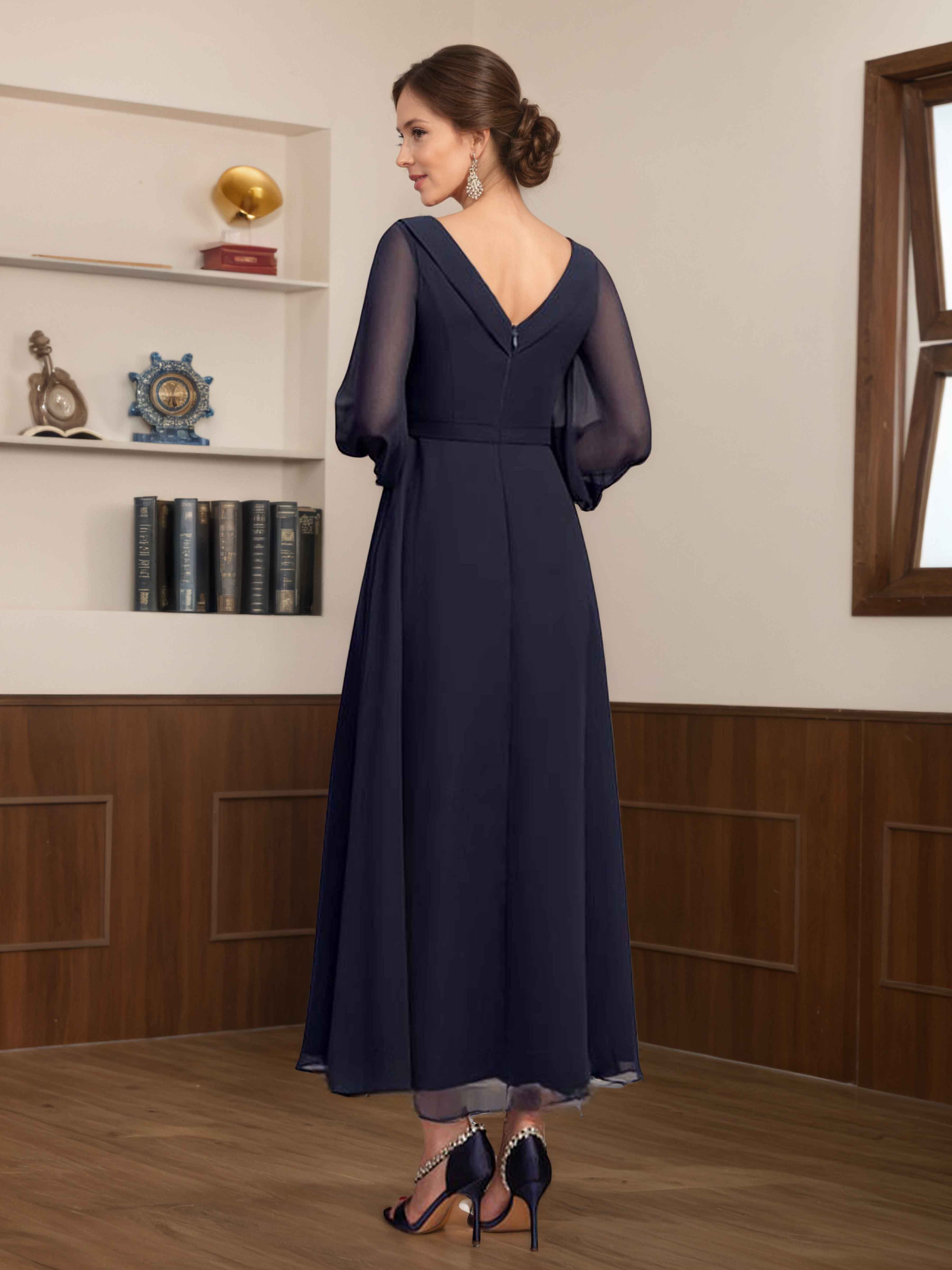 Nyx Modest V Neck Long Sleeves Maxi Chiffon Mother of the Bride Dresses
