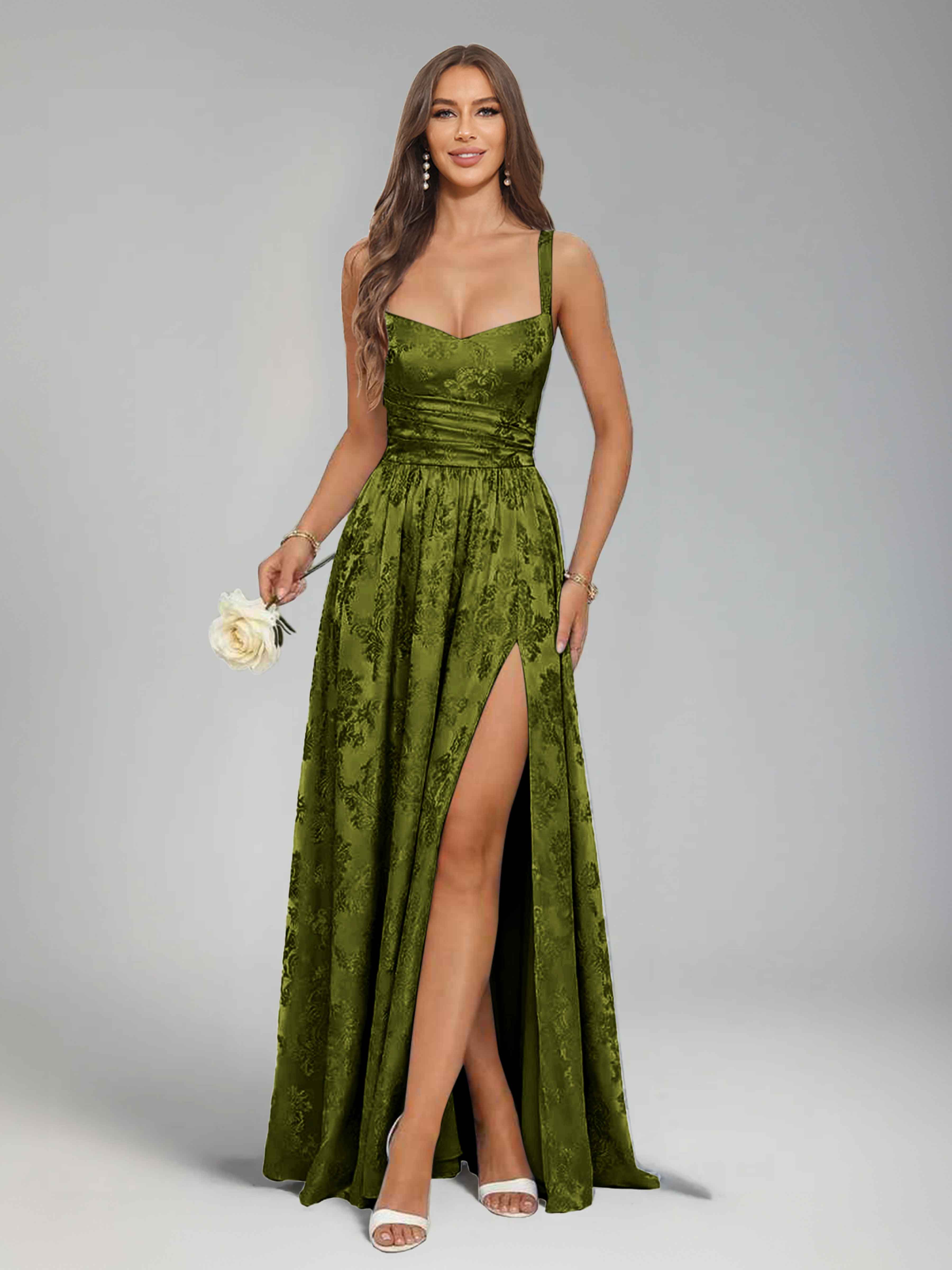 Jaelindra Gorgeous A-Line Spaghetti Straps Pleated Slit Long Jacquard Prom Dresses