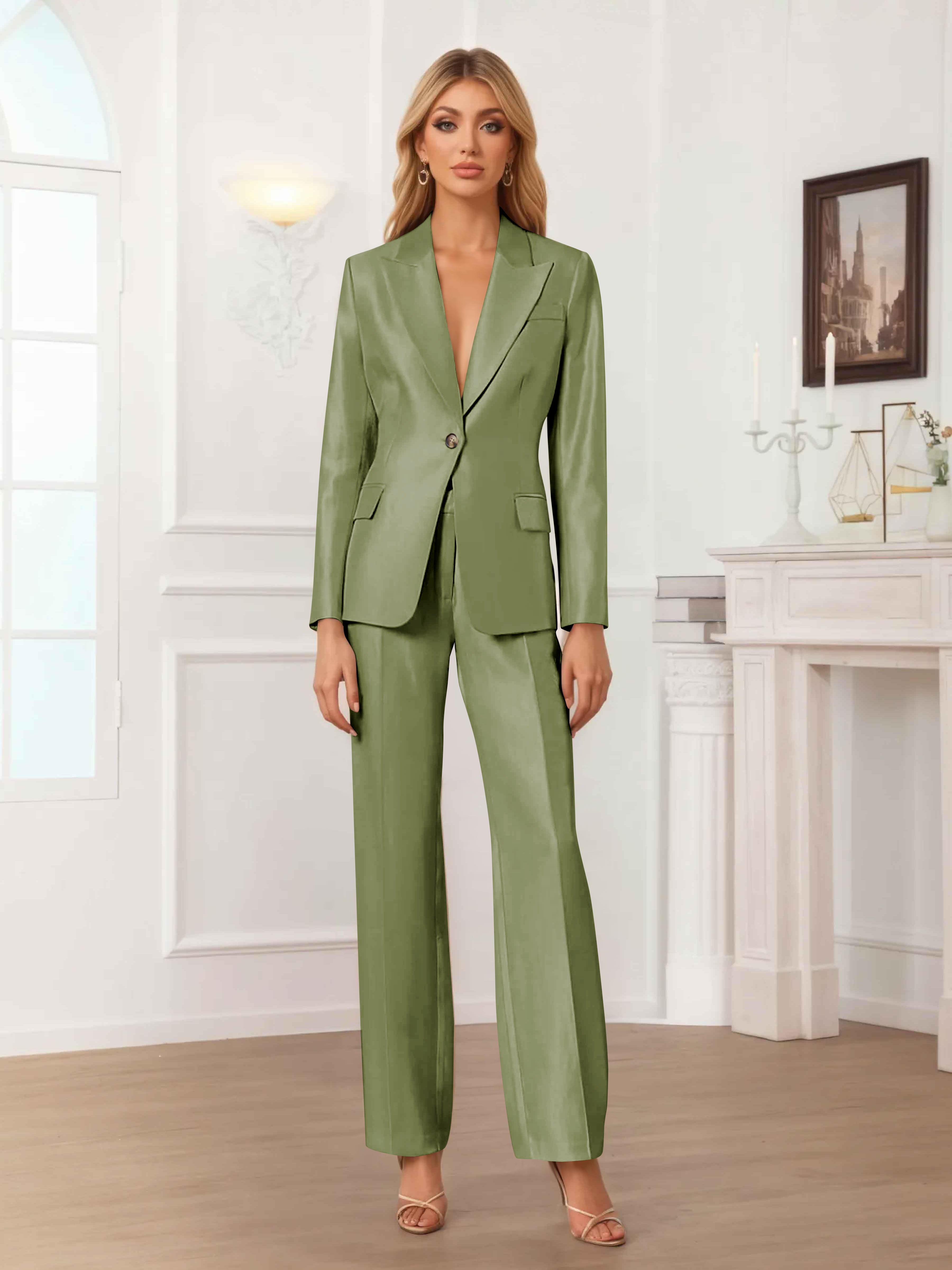 Women's 2 Pieces Peak Lapel One-Button Satin Formal Suit Set