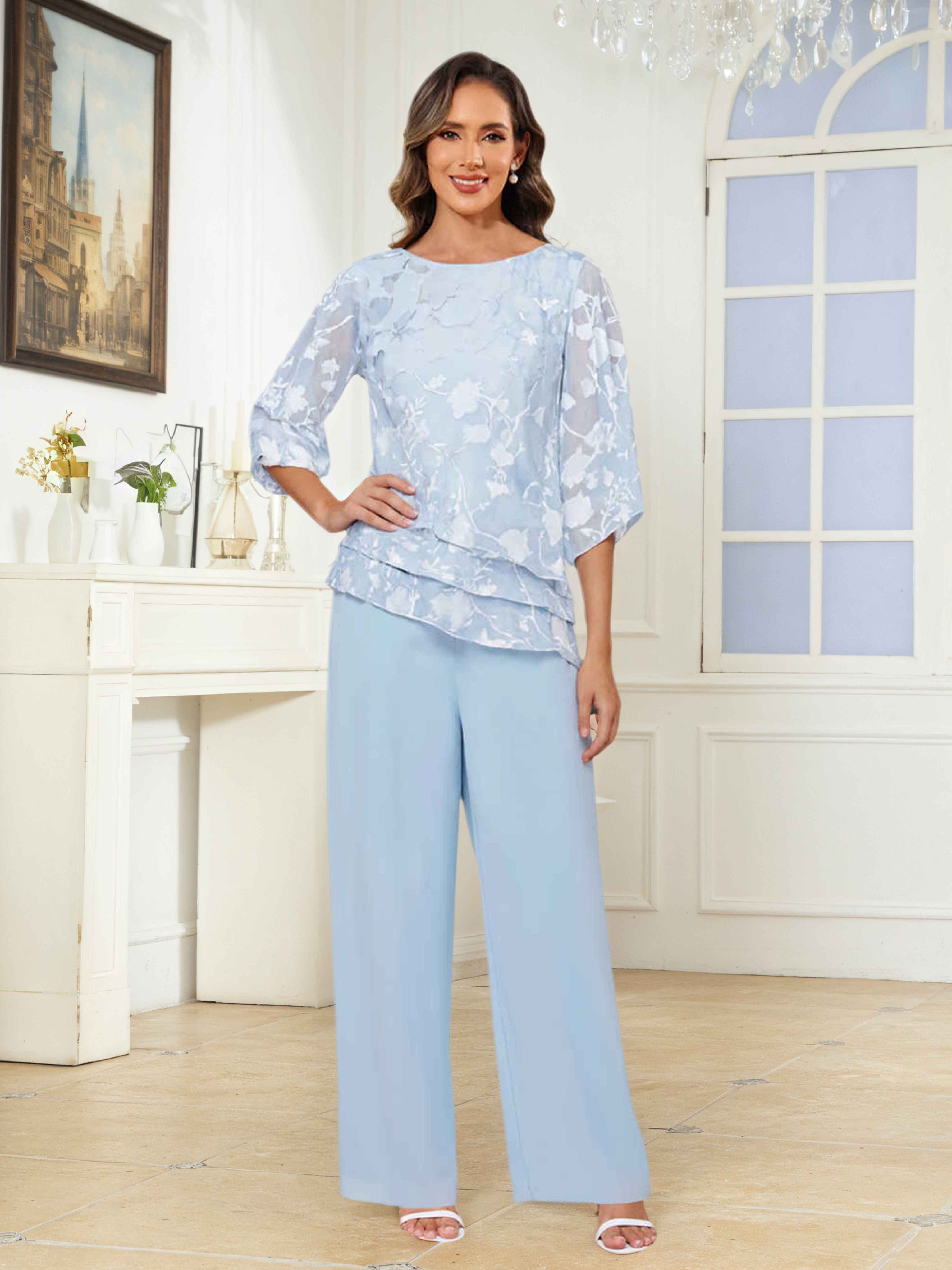 Ondine Exquisite 2 Pieces Tiered Floral Lace Mother of the Bride Pantsuit