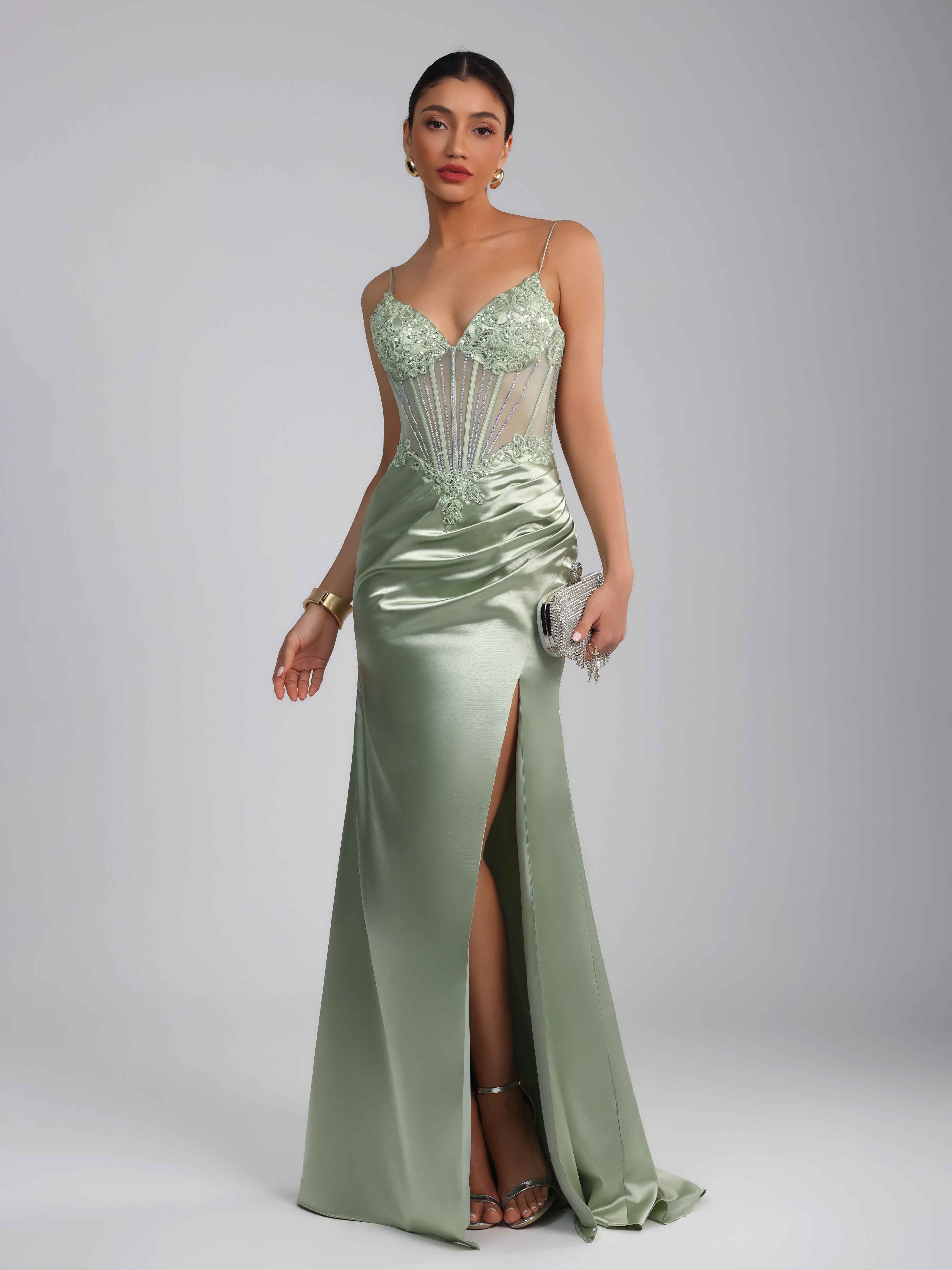Oraelith Sexy Mermaid Spaghetti Straps Beading Sequins Satin Prom Dresses