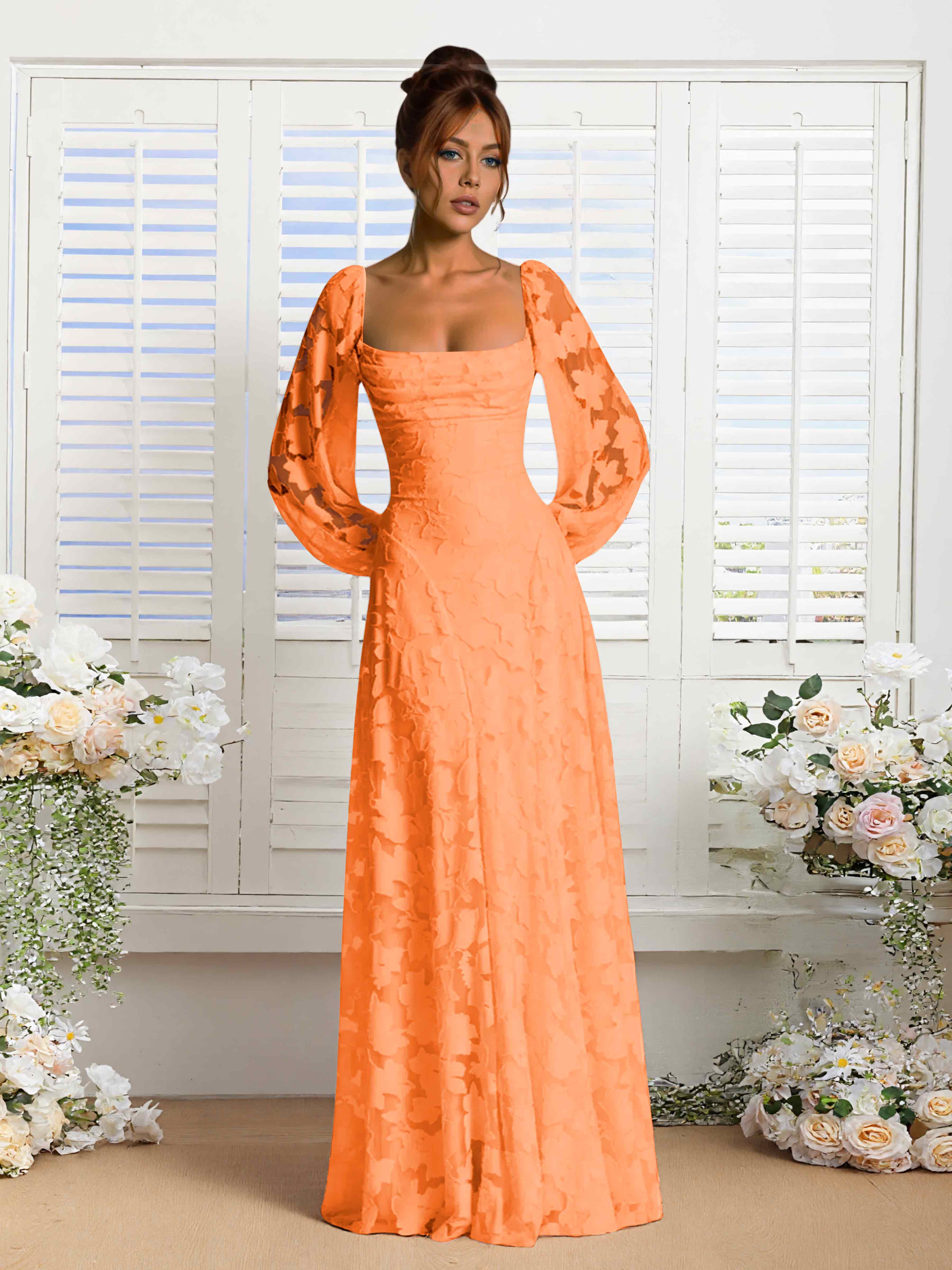 Xandra A-Line Long Sleeves Floor Length Floral Lace Formal Dresses