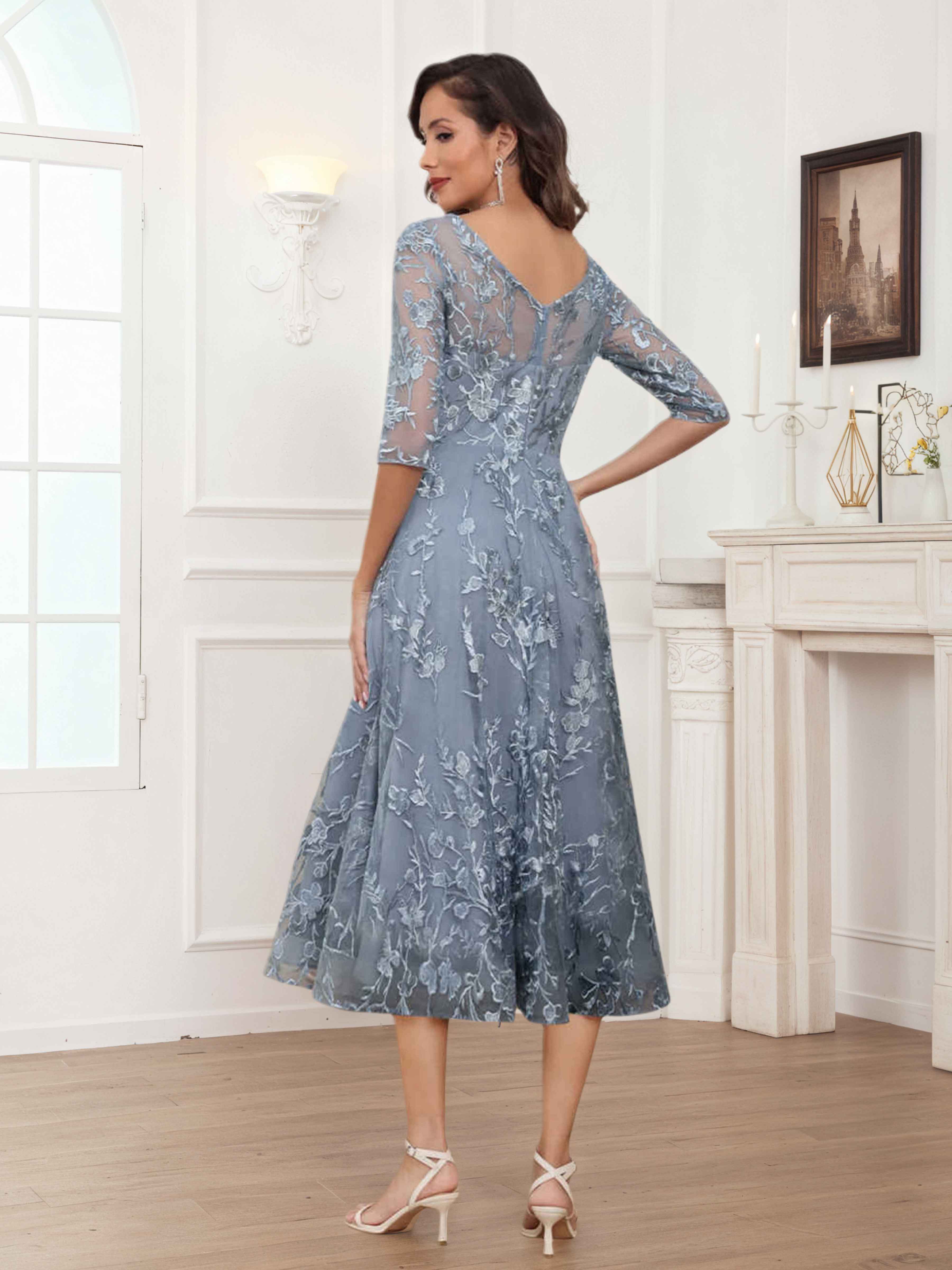 Pax Exquisite A-Line Illusion Lace Tea Length Mother of The Bride Dresses