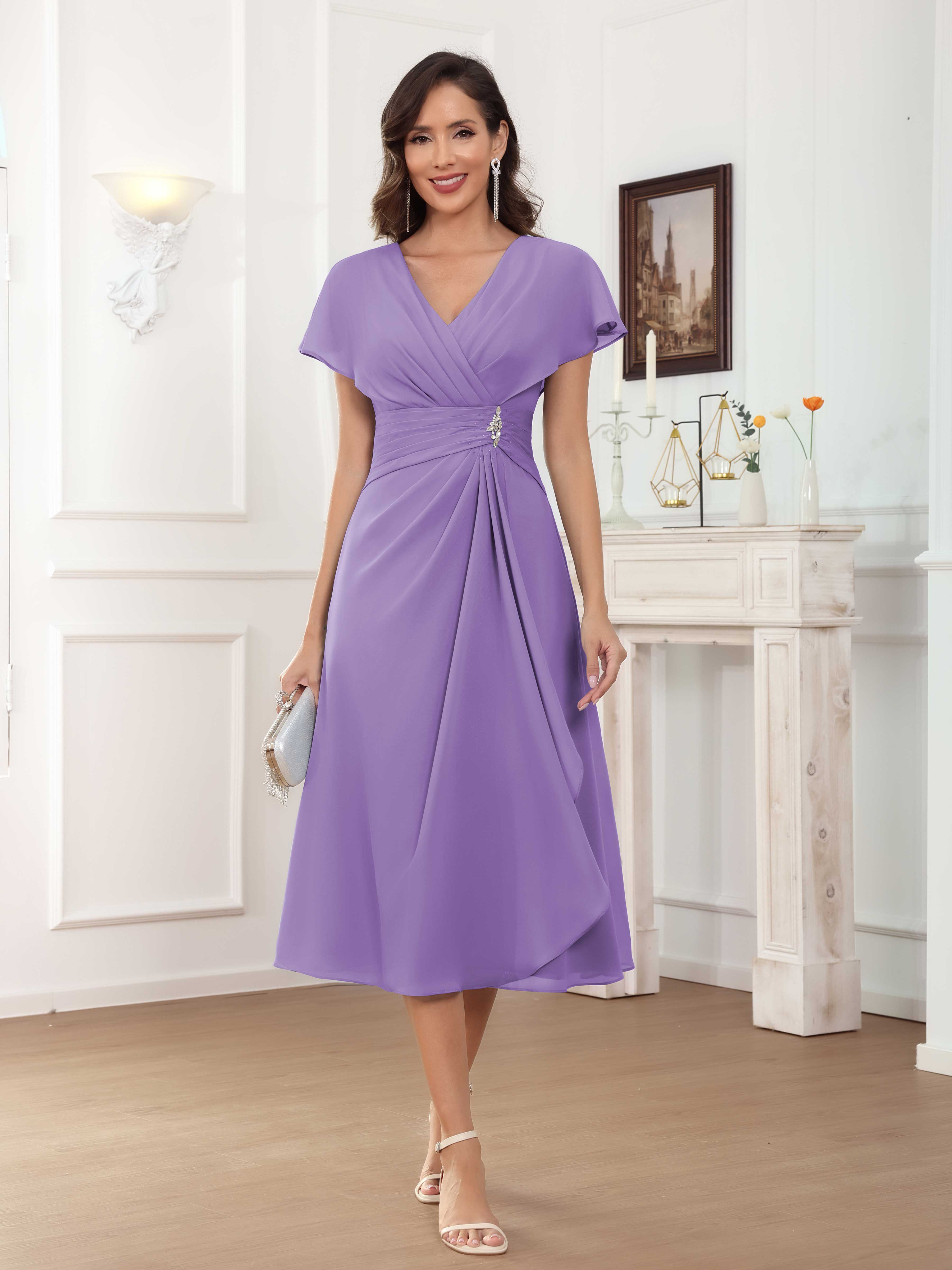 Phaedra Chic V-Neck Pleated Beading Tea Length Mother Of The Bride Dresses, Tahiti Phaedra Chic V-Neck Pleated Beading Tea Length Mother Of The Bride Dresses, Tahiti