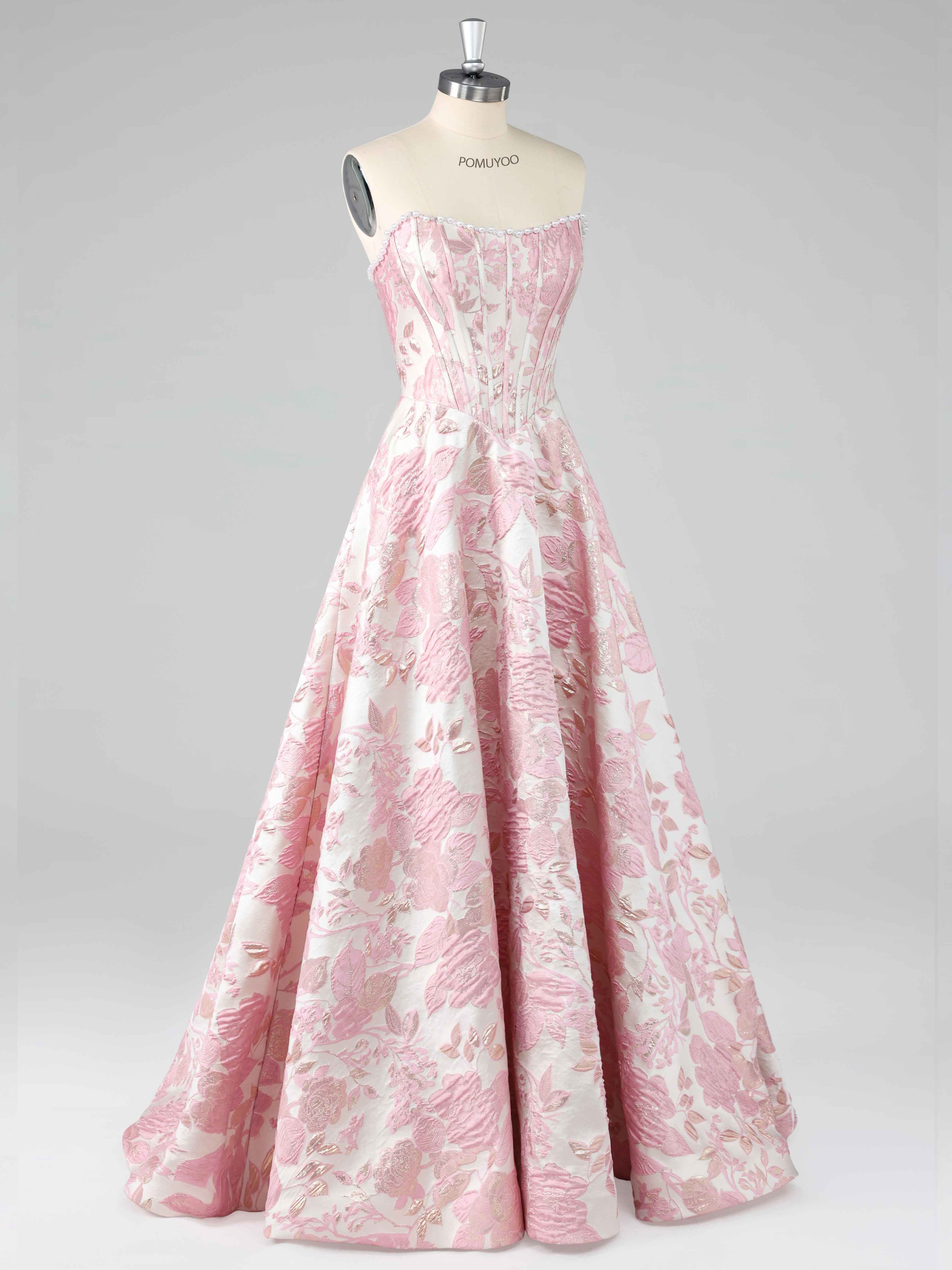 Pink A-Line Strapless Pearl Jacquard Satin Long Prom Dresses