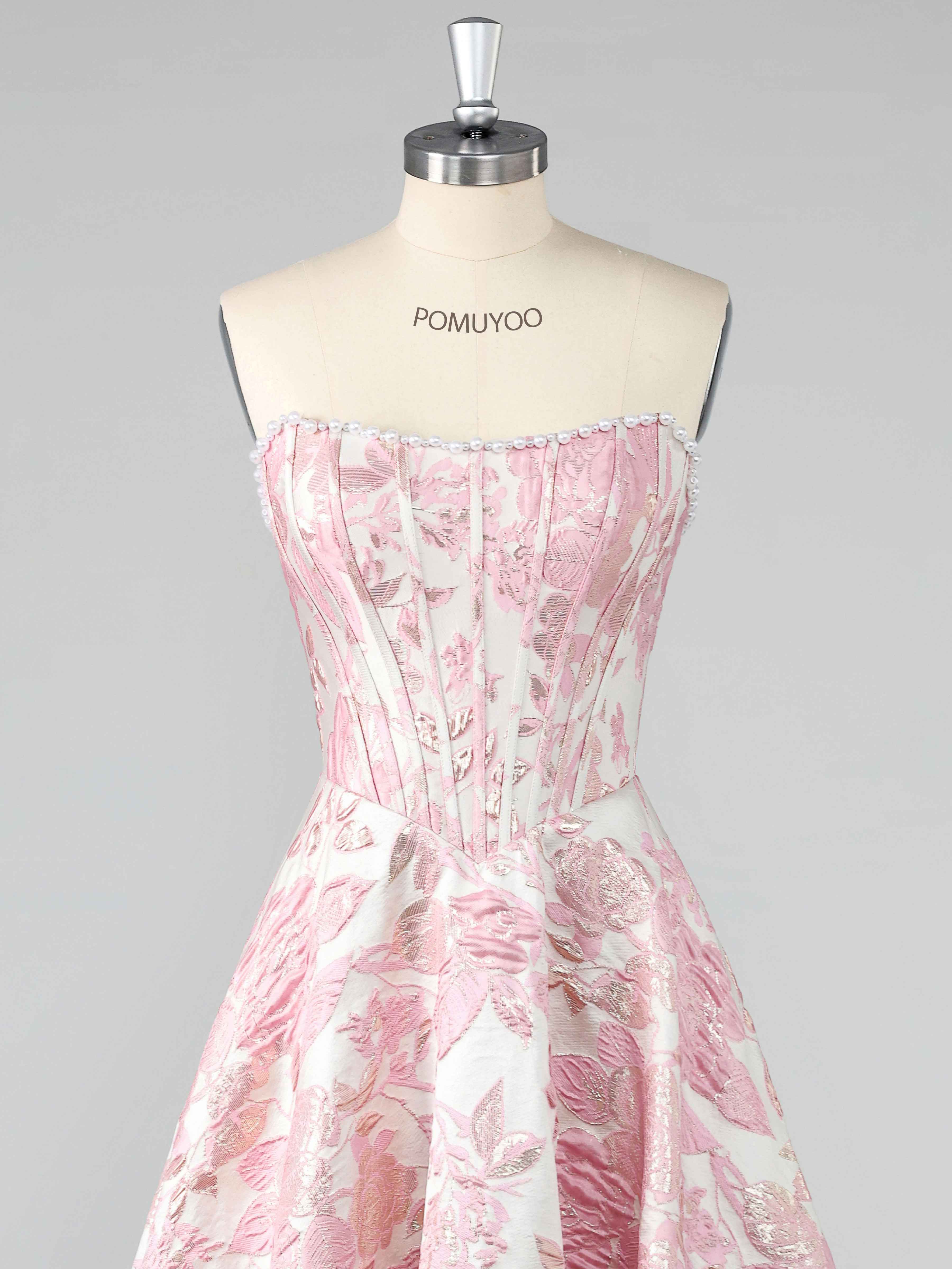 Pink A-Line Strapless Pearl Jacquard Satin Long Prom Dresses