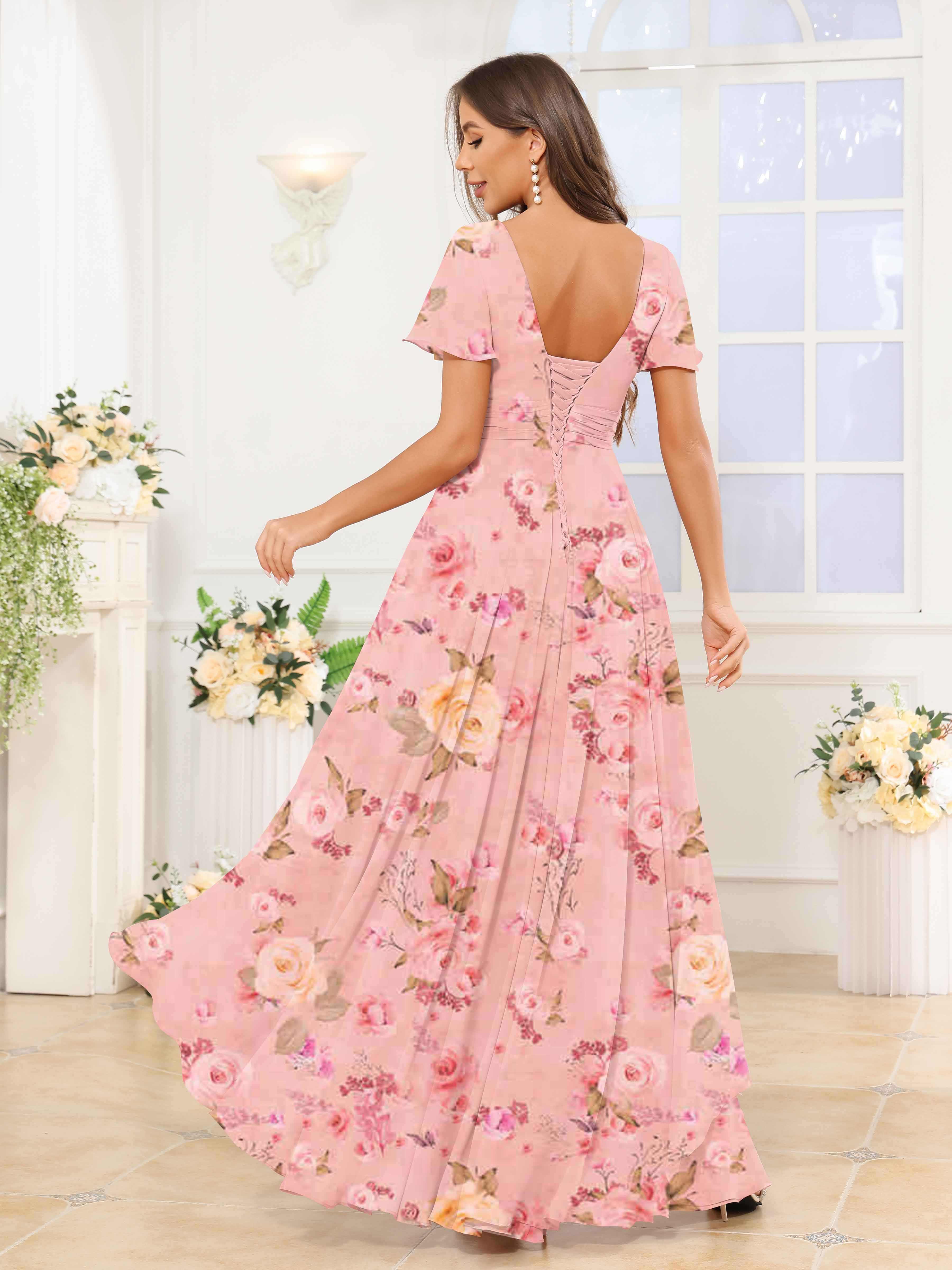 Pink Floral Soft Ruched Short Sleeves High Low Chiffon Bridesmaid Dresses