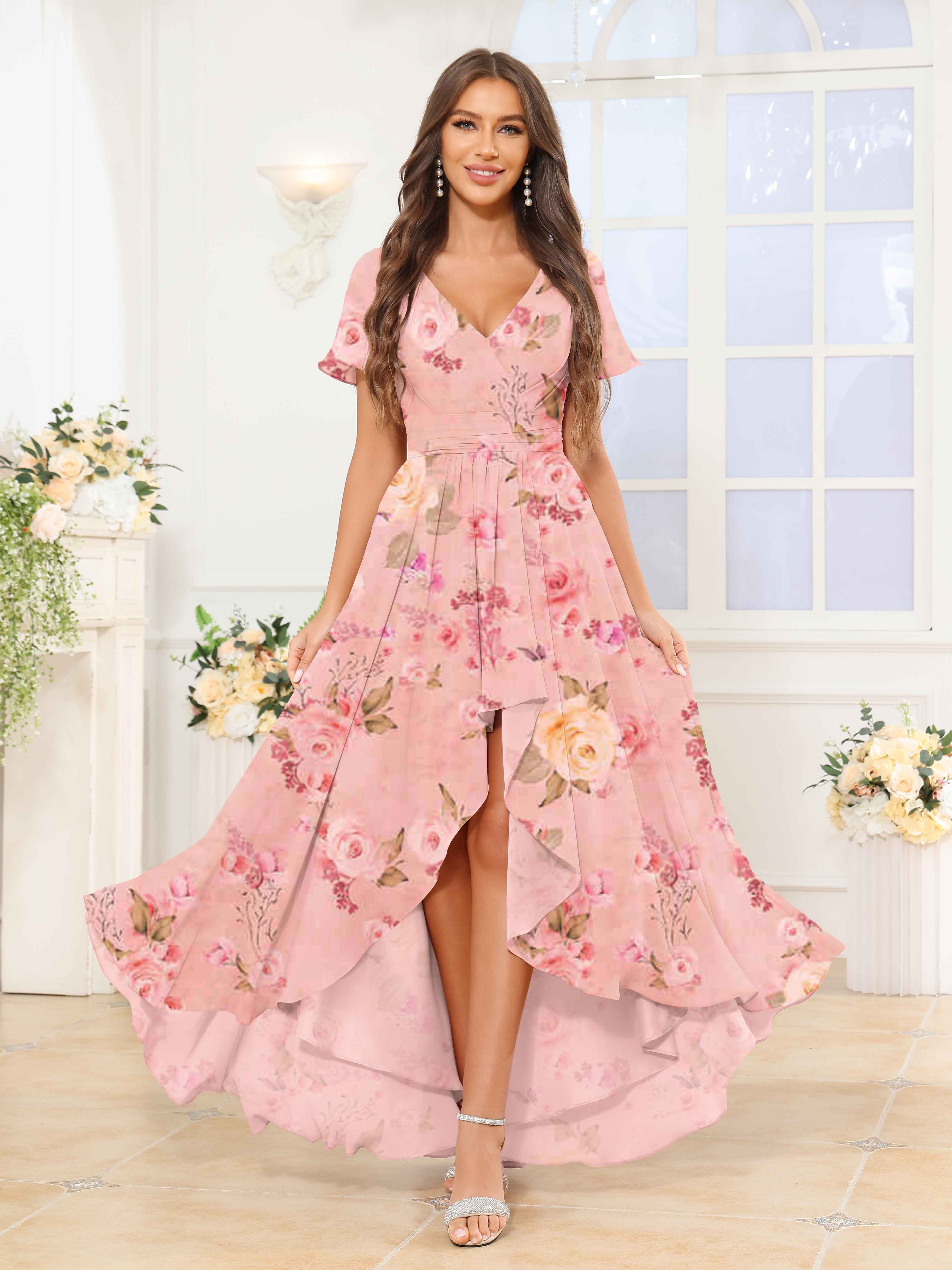 Pink Floral Soft Ruched Short Sleeves High Low Chiffon Bridesmaid Dresses