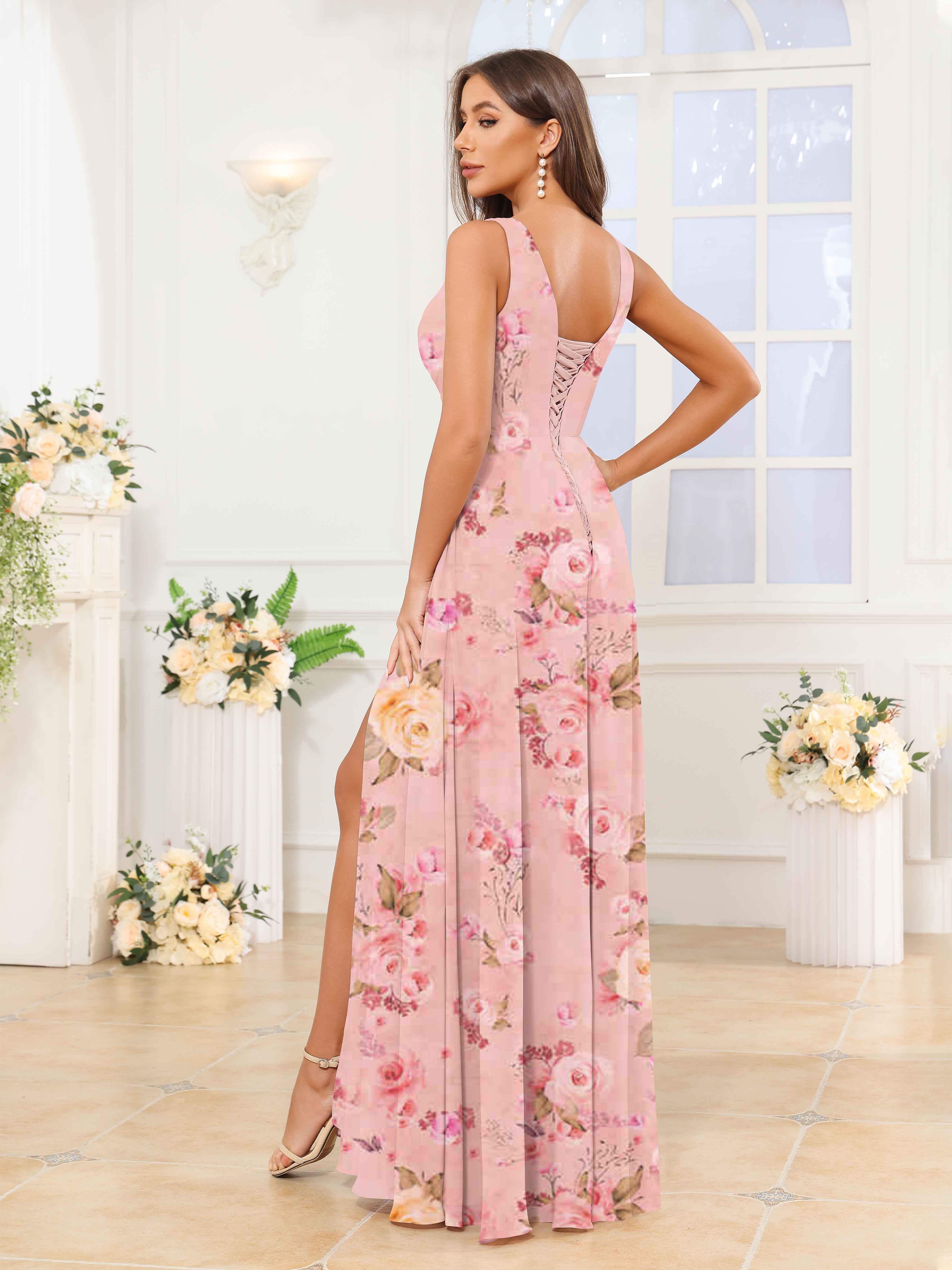 Pink Floral V Neck Sleeveless Ruffles Long Chiffon Bridesmaid Dresses