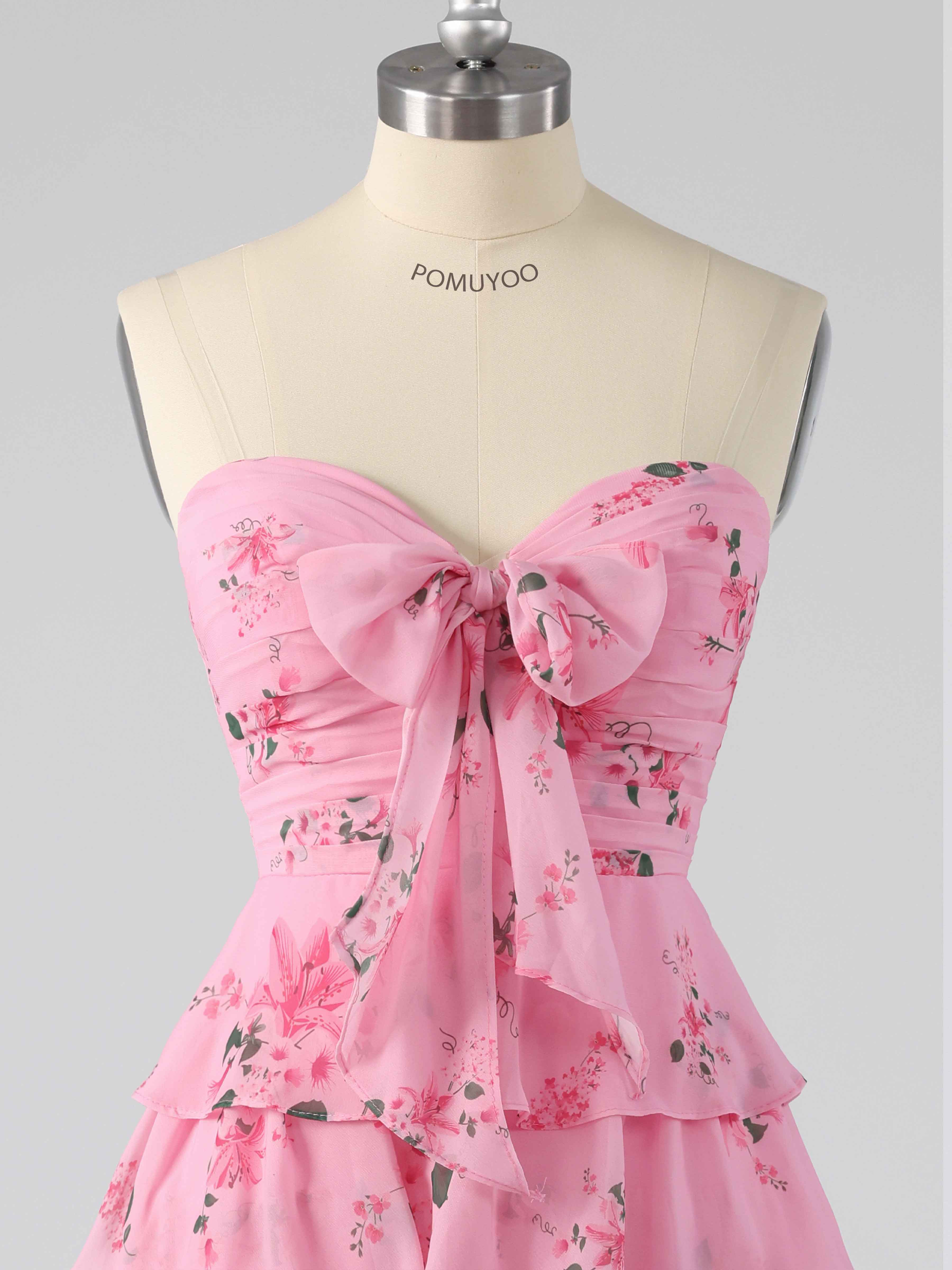 Pink Delicate Sweetheart Tiered Floral Print Short Homecoming Dress with Bow
