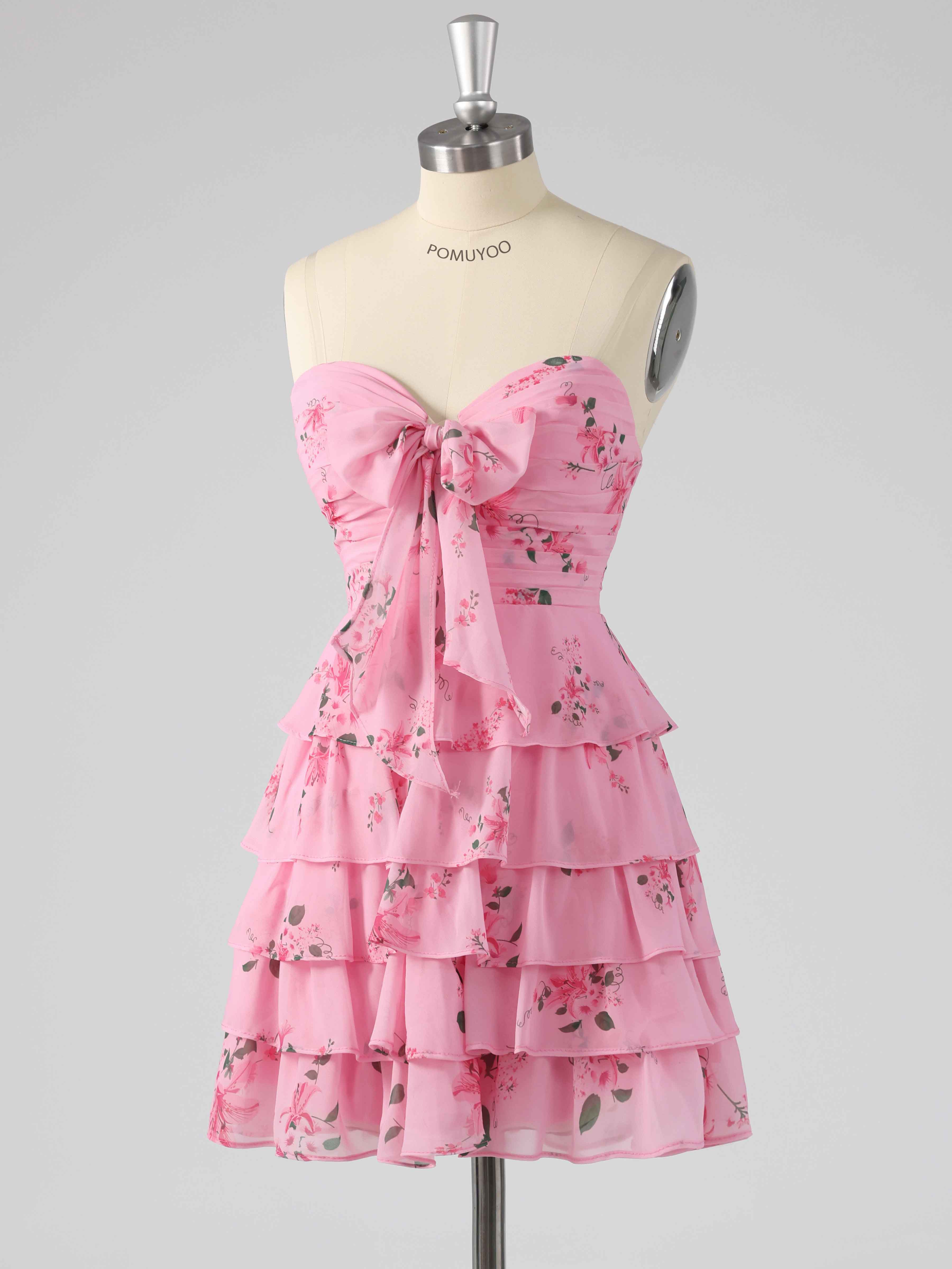 Pink Delicate Sweetheart Tiered Floral Print Short Homecoming Dress with Bow
