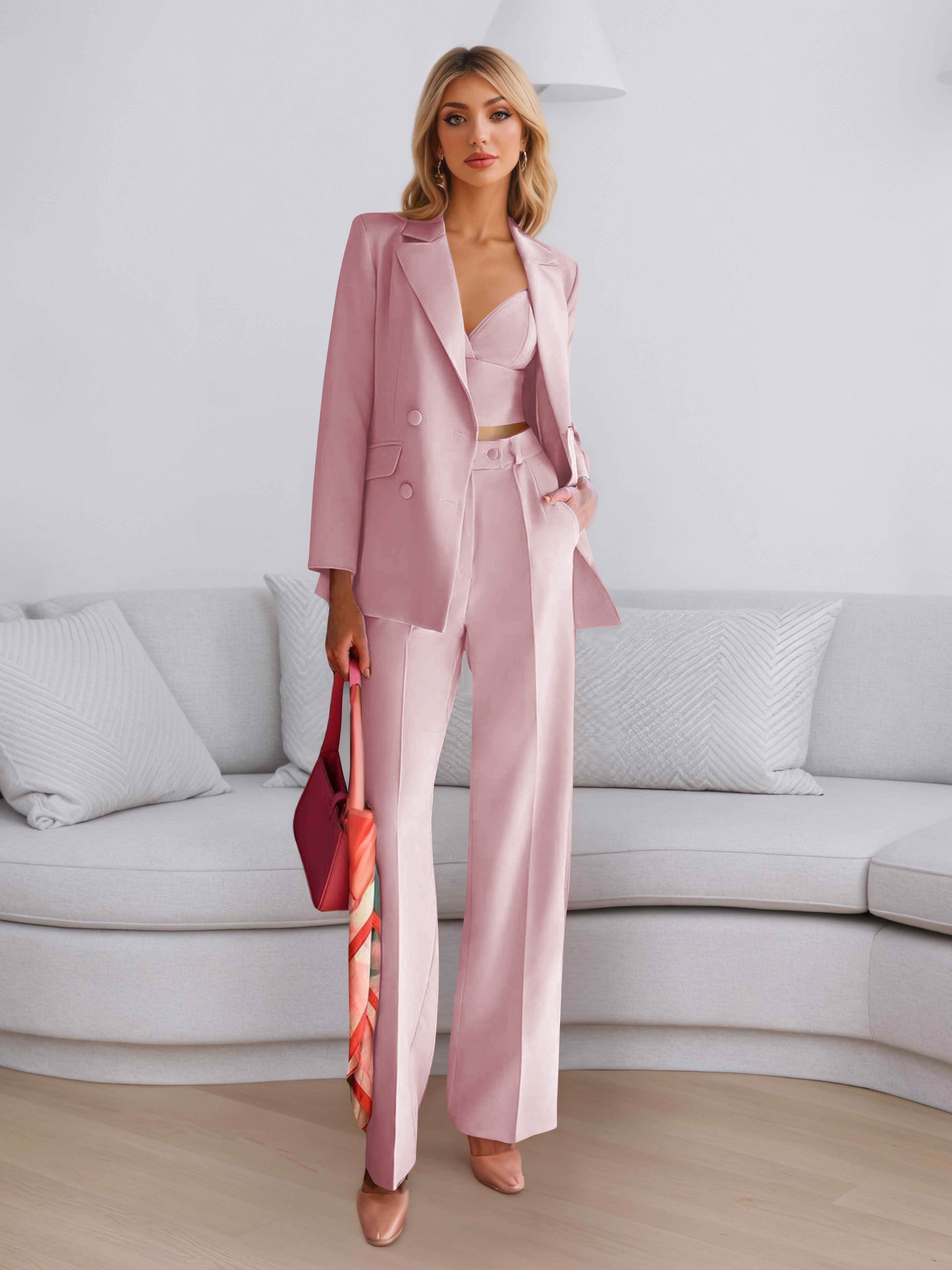 Elegant Women's 3 Pieces Solid Formal Blazer and Pants Suit Set