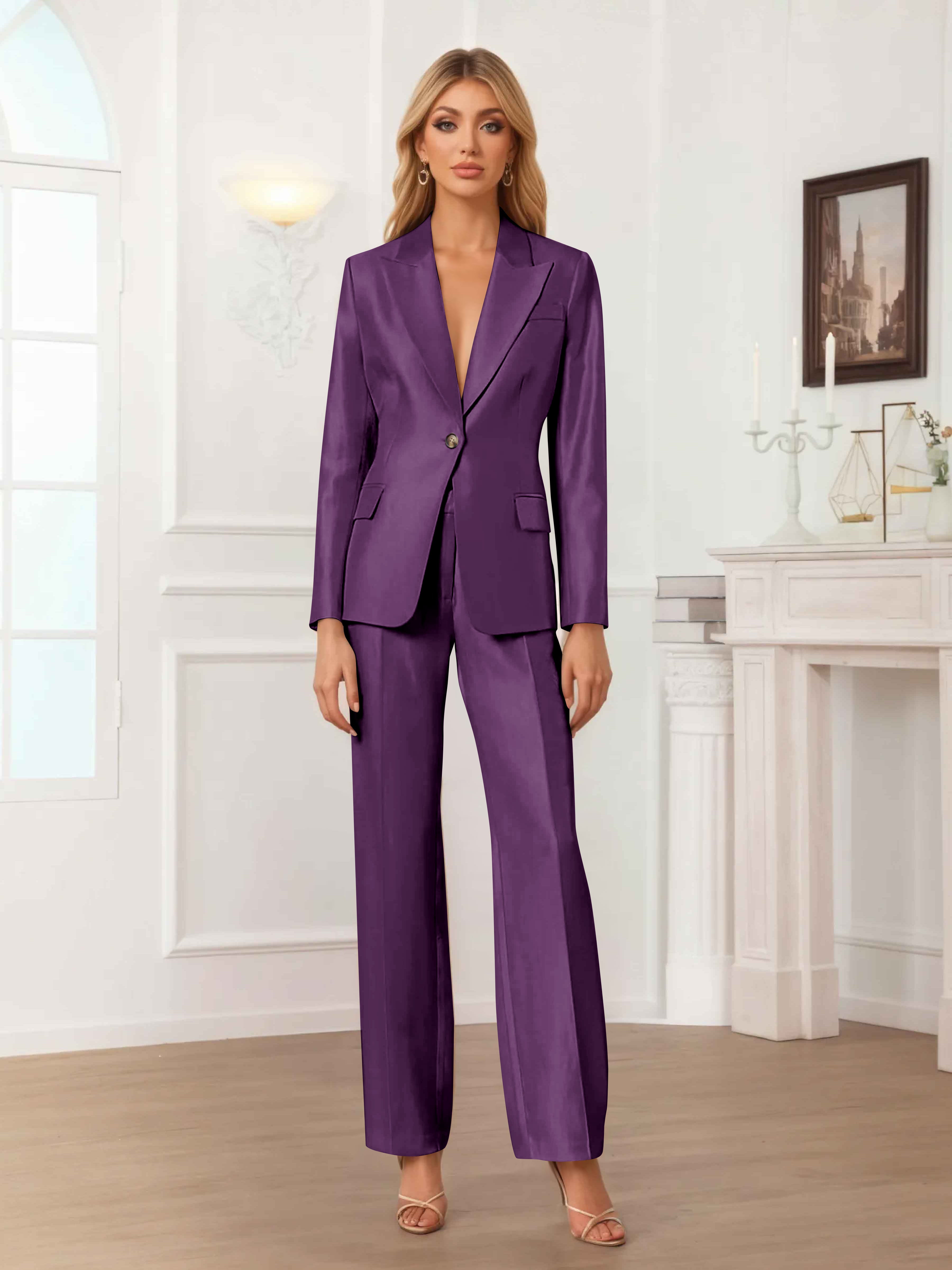 Women's 2 Pieces Peak Lapel One-Button Satin Formal Suit Set