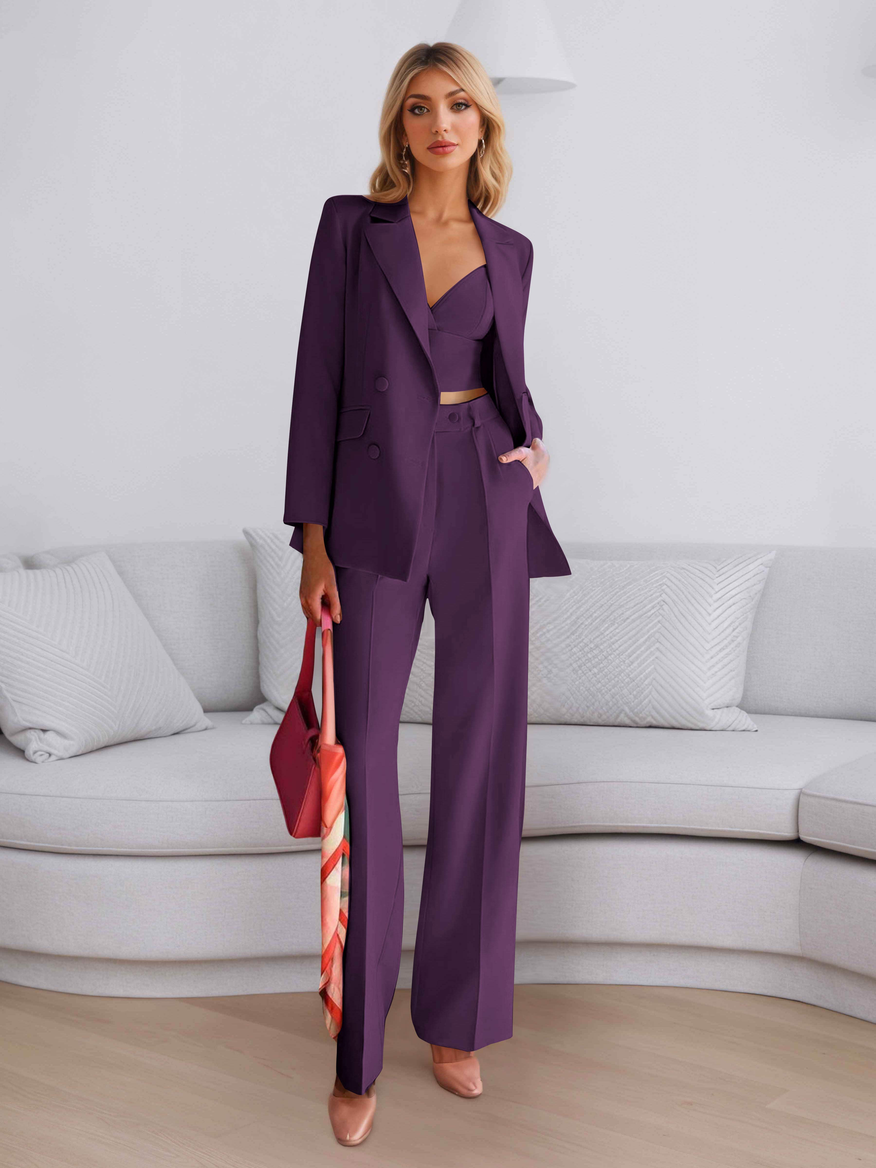 Elegant Women's 3 Pieces Solid Formal Blazer and Pants Suit Set