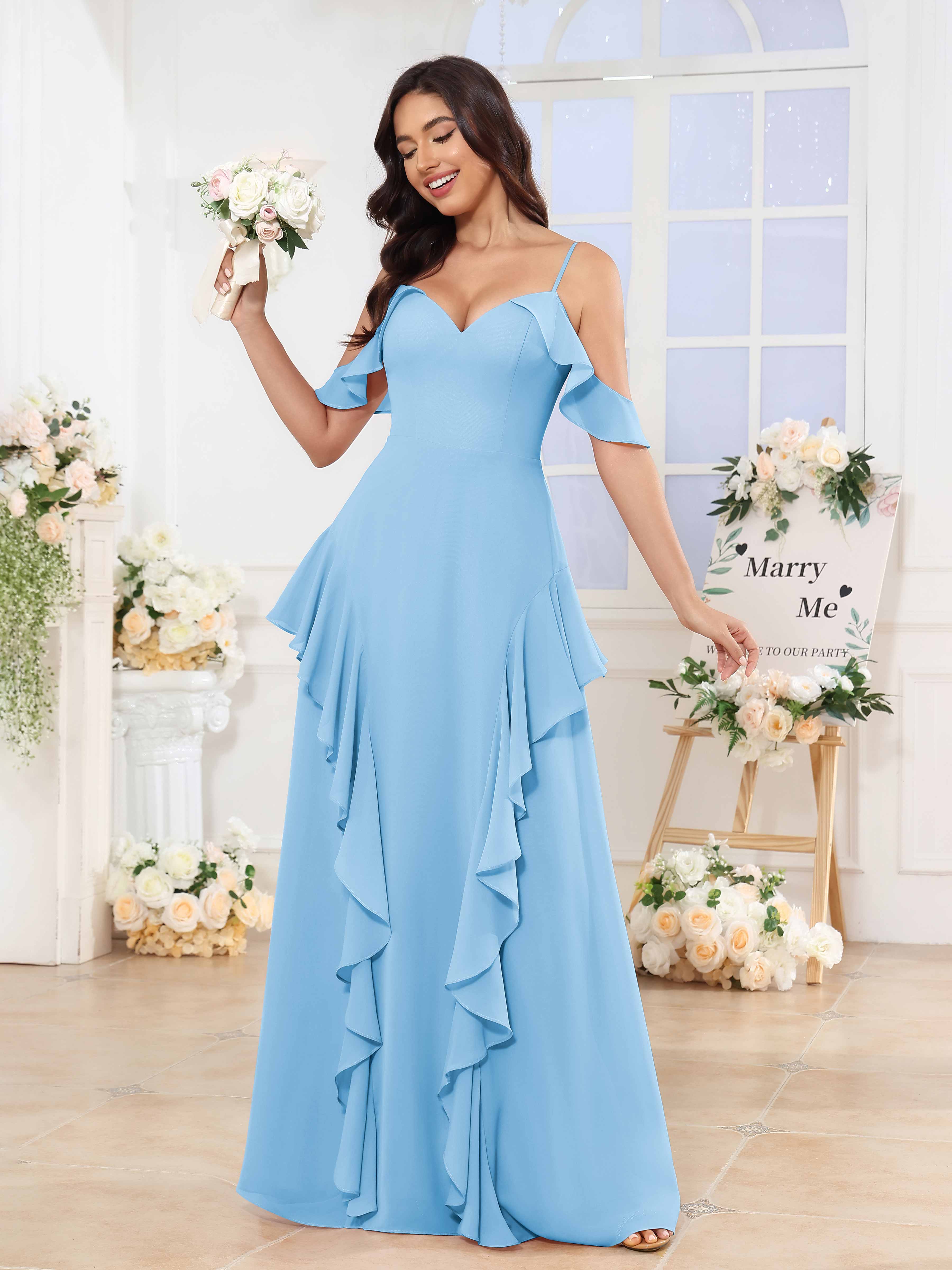 Pomona Glamorous Spaghetti Straps Ruffles Long Chiffon Bridesmaid Dres Pomona Glamorous Spaghetti Straps Ruffles Long Chiffon Bridesmaid Dres