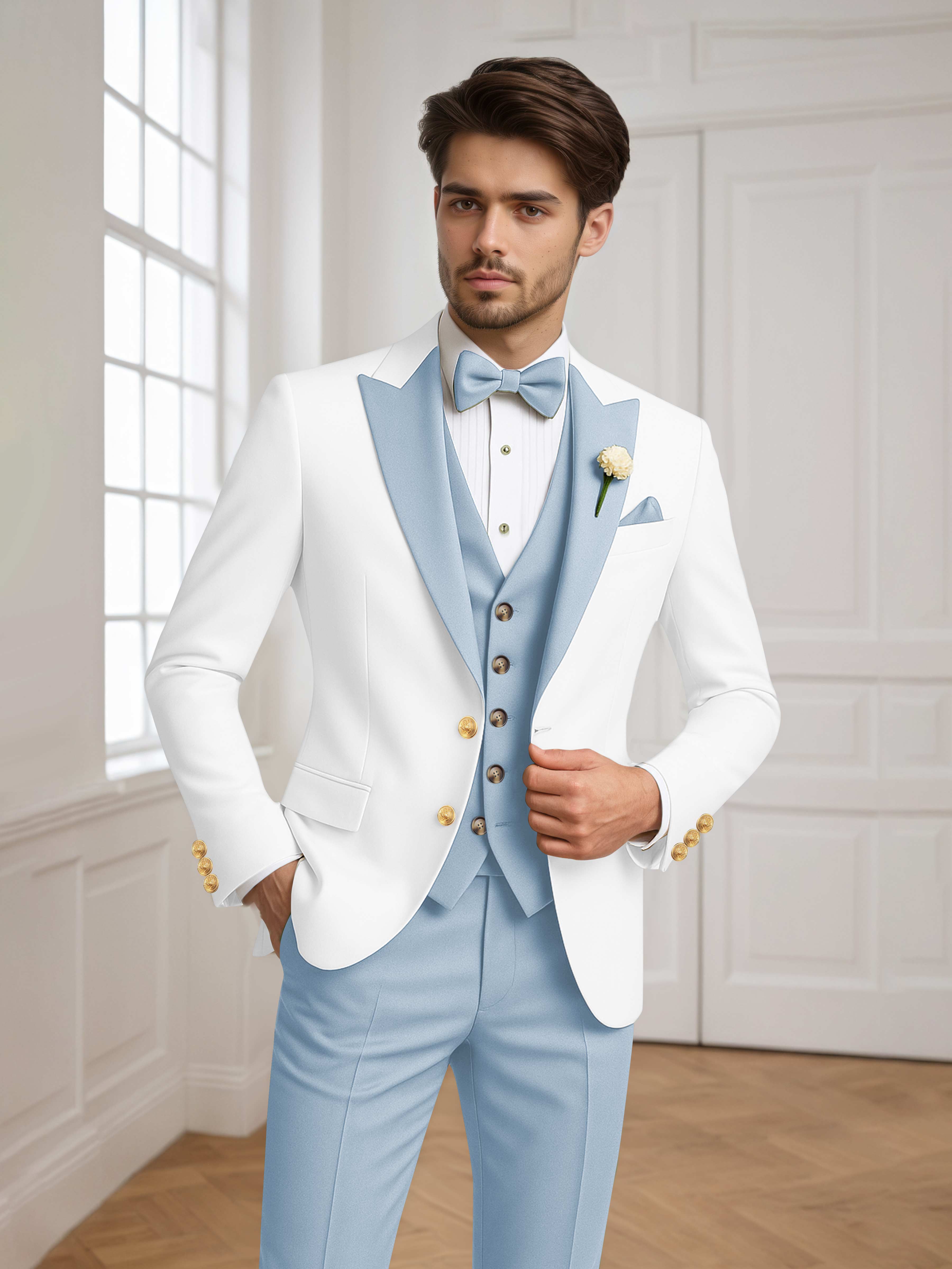 Color Block Peak Lapel Men's 3 Pieces Suit for Groom Wedding & Prom
