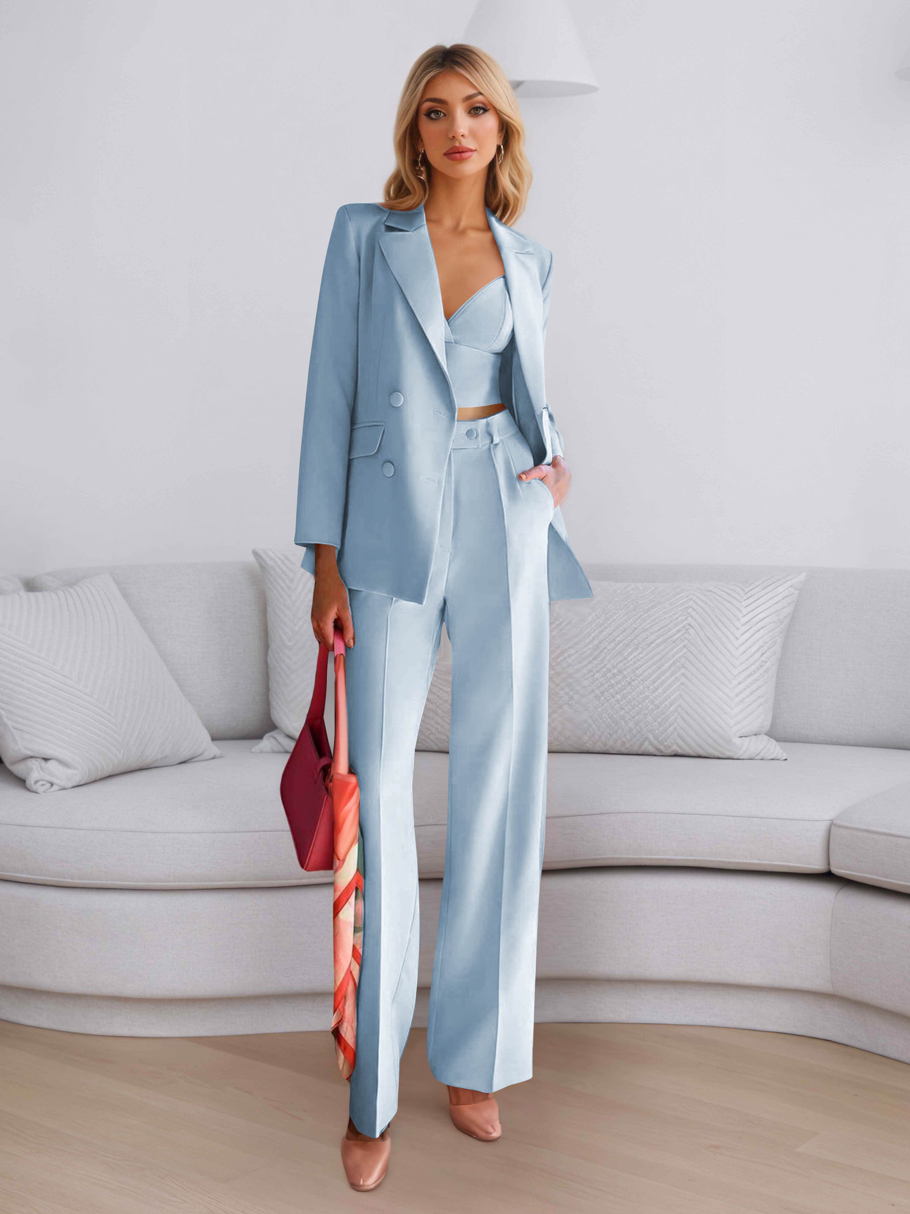 Elegant Women's 3 Pieces Solid Formal Blazer and Pants Suit Set