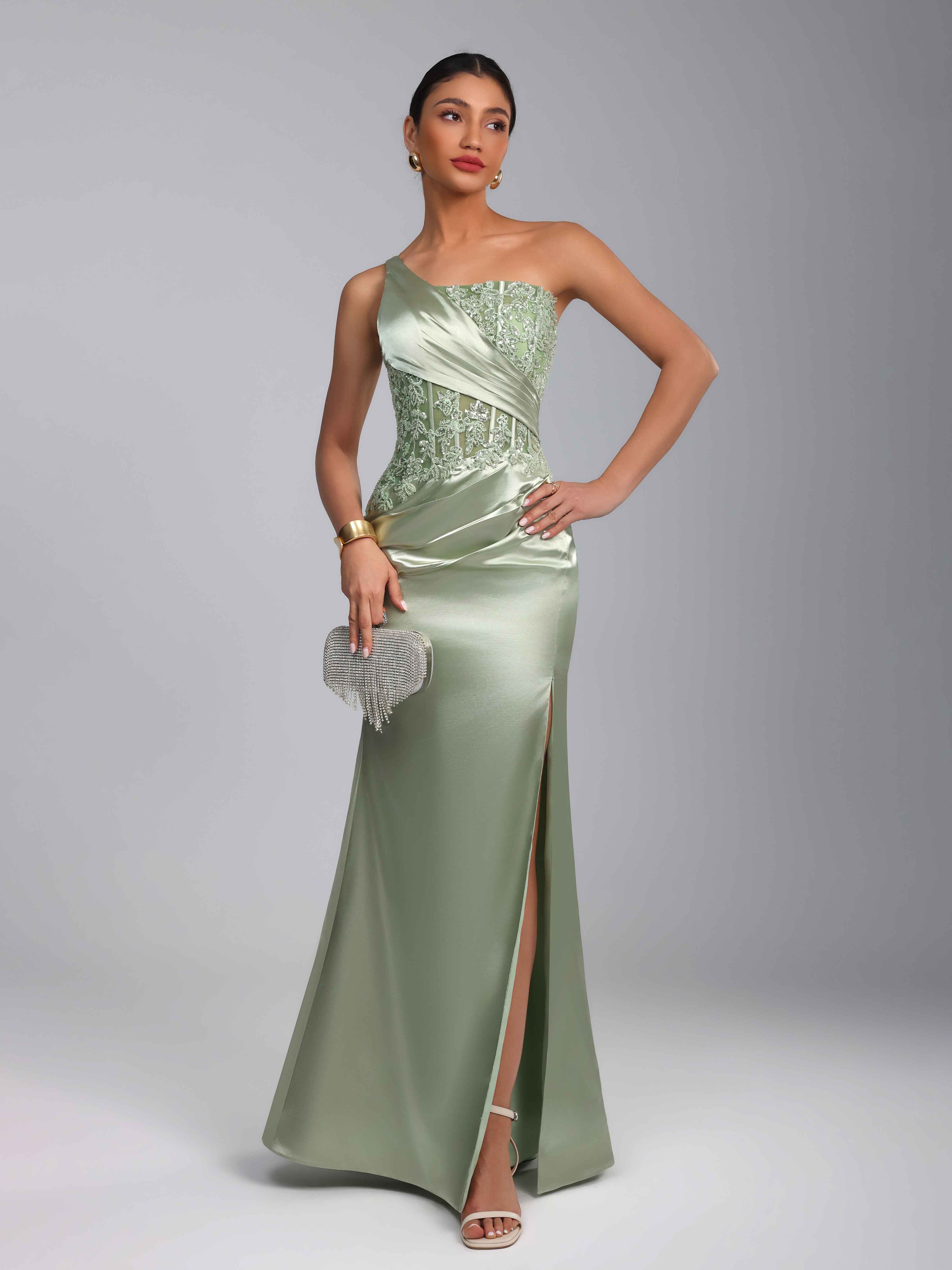 Praelith Gorgeous Mermaid One Shoulder Beading Slit Long Satin Prom Dresses