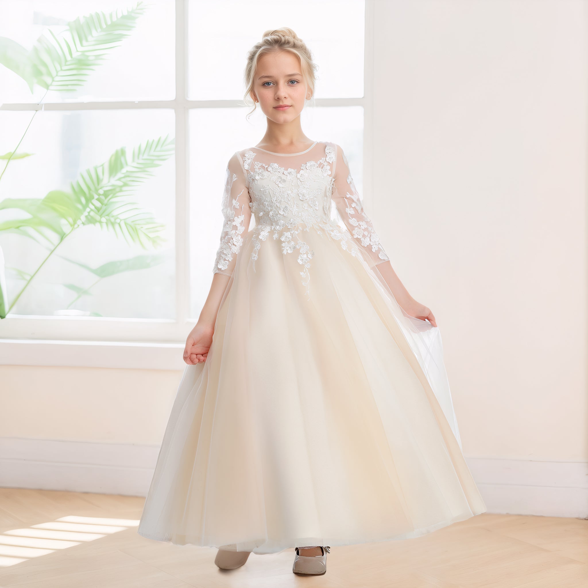 Princess Scoop Applique 3/4 Sleeves Ankle Length Tulle Flower Girl Dre Princess Scoop Applique 3/4 Sleeves Ankle Length Tulle Flower Girl Dre
