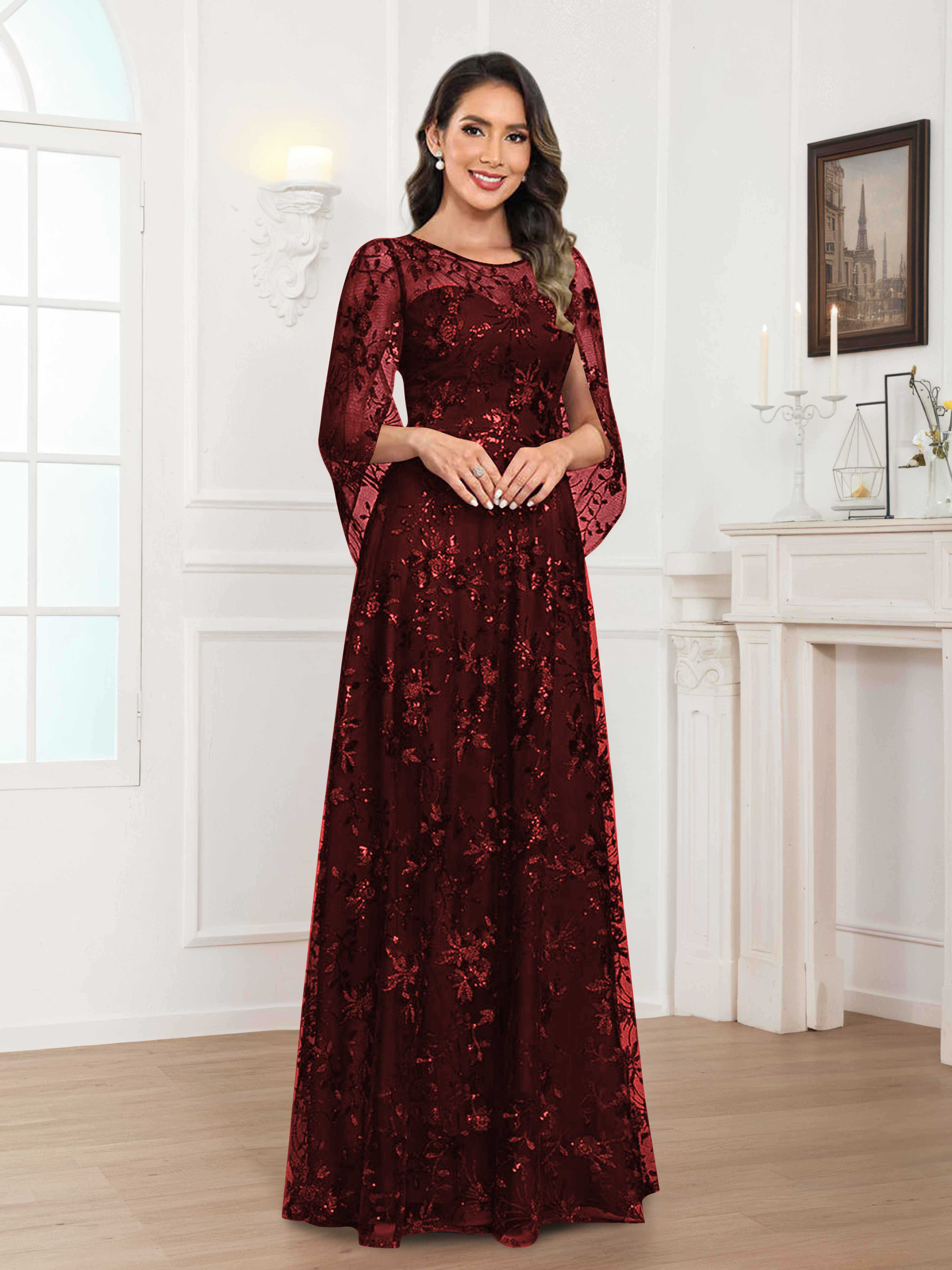 Quenella Chic A-line Illusion Sequin Lace Floor Length Mother of the Bride Dresses