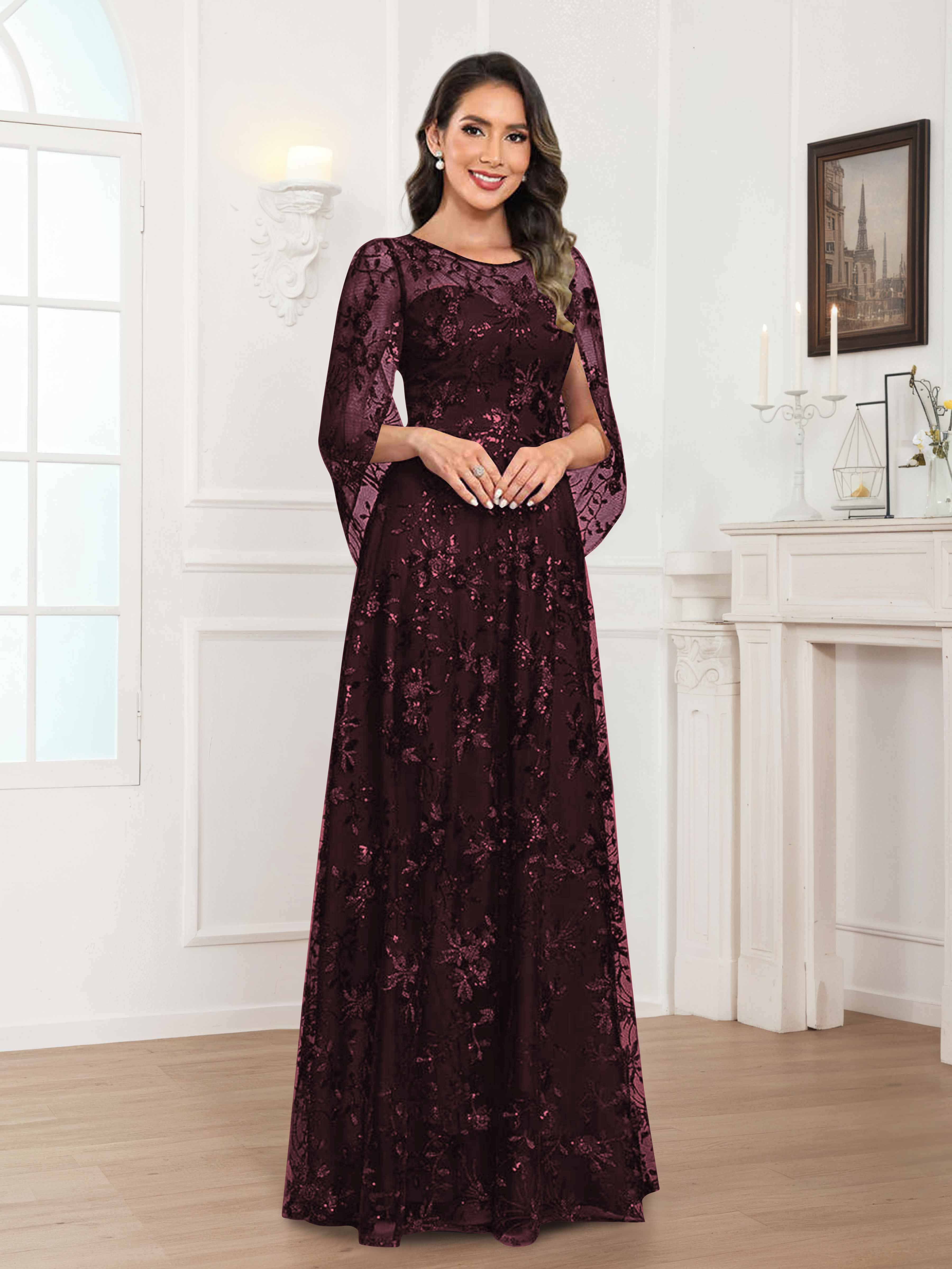 Quenella Chic A-line Illusion Sequin Lace Floor Length Mother of the Bride Dresses