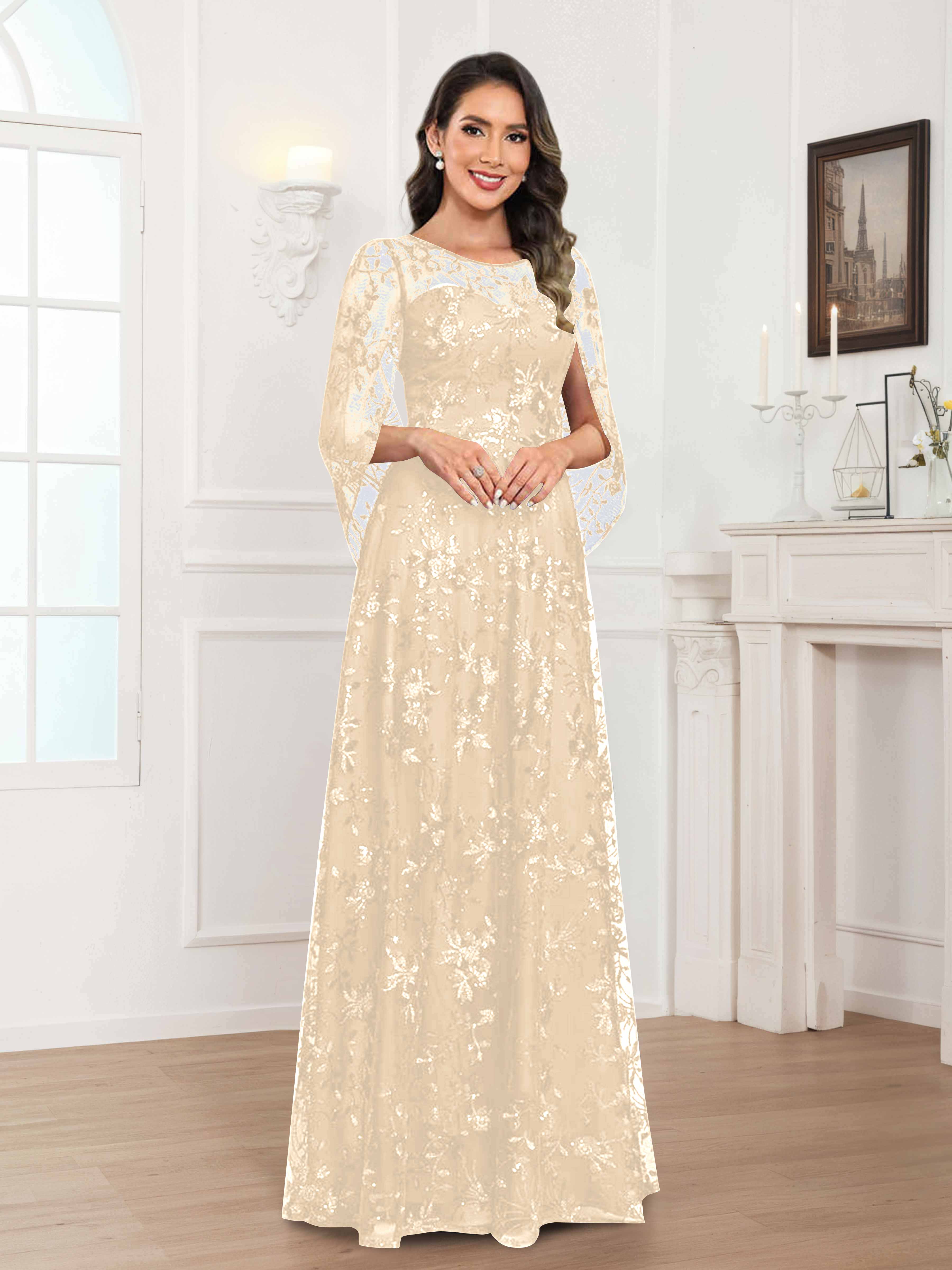 Quenella Chic A-line Illusion Sequin Lace Floor Length Mother of the Bride Dresses