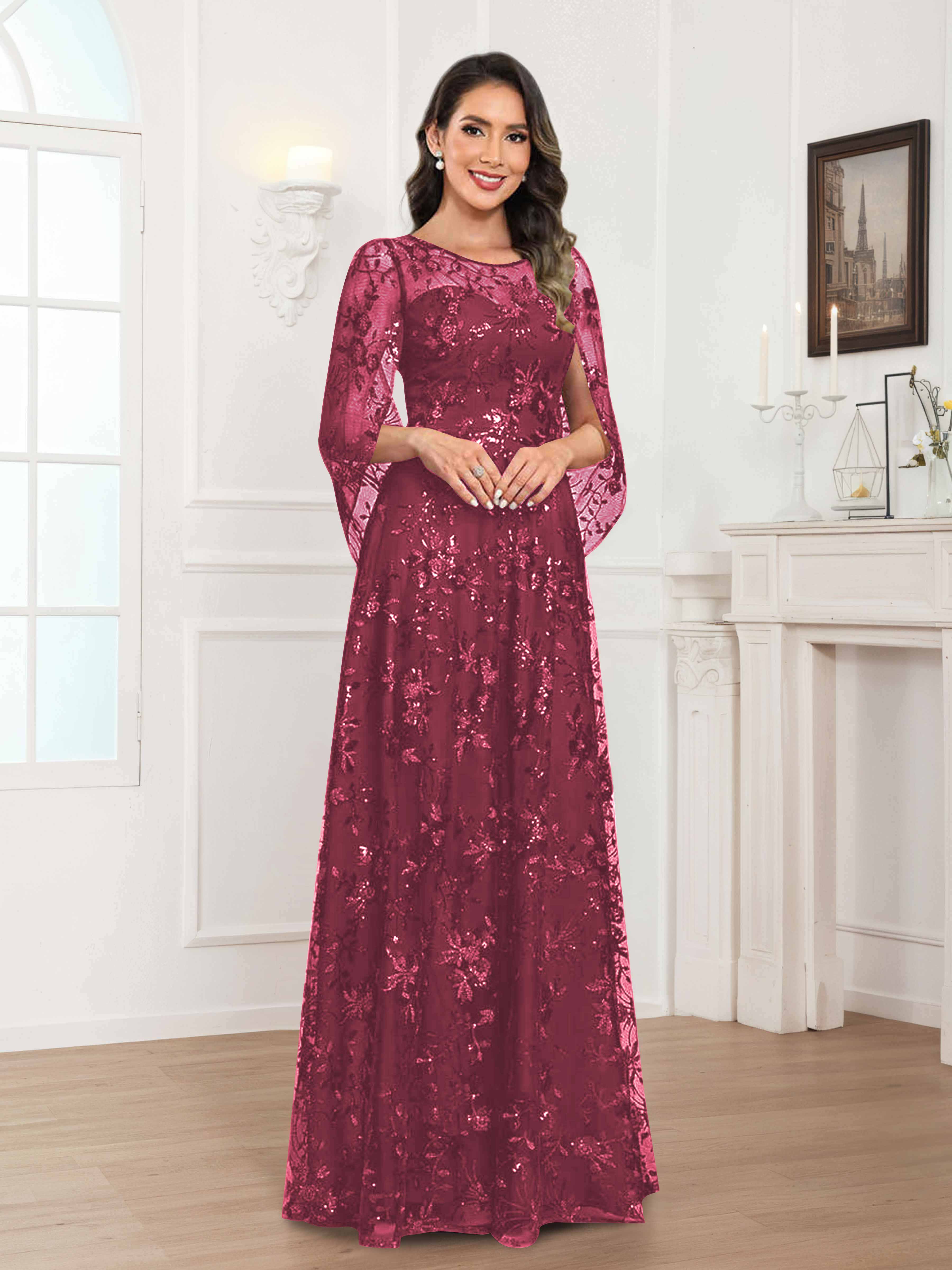 Quenella Chic A-line Illusion Sequin Lace Floor Length Mother of the Bride Dresses