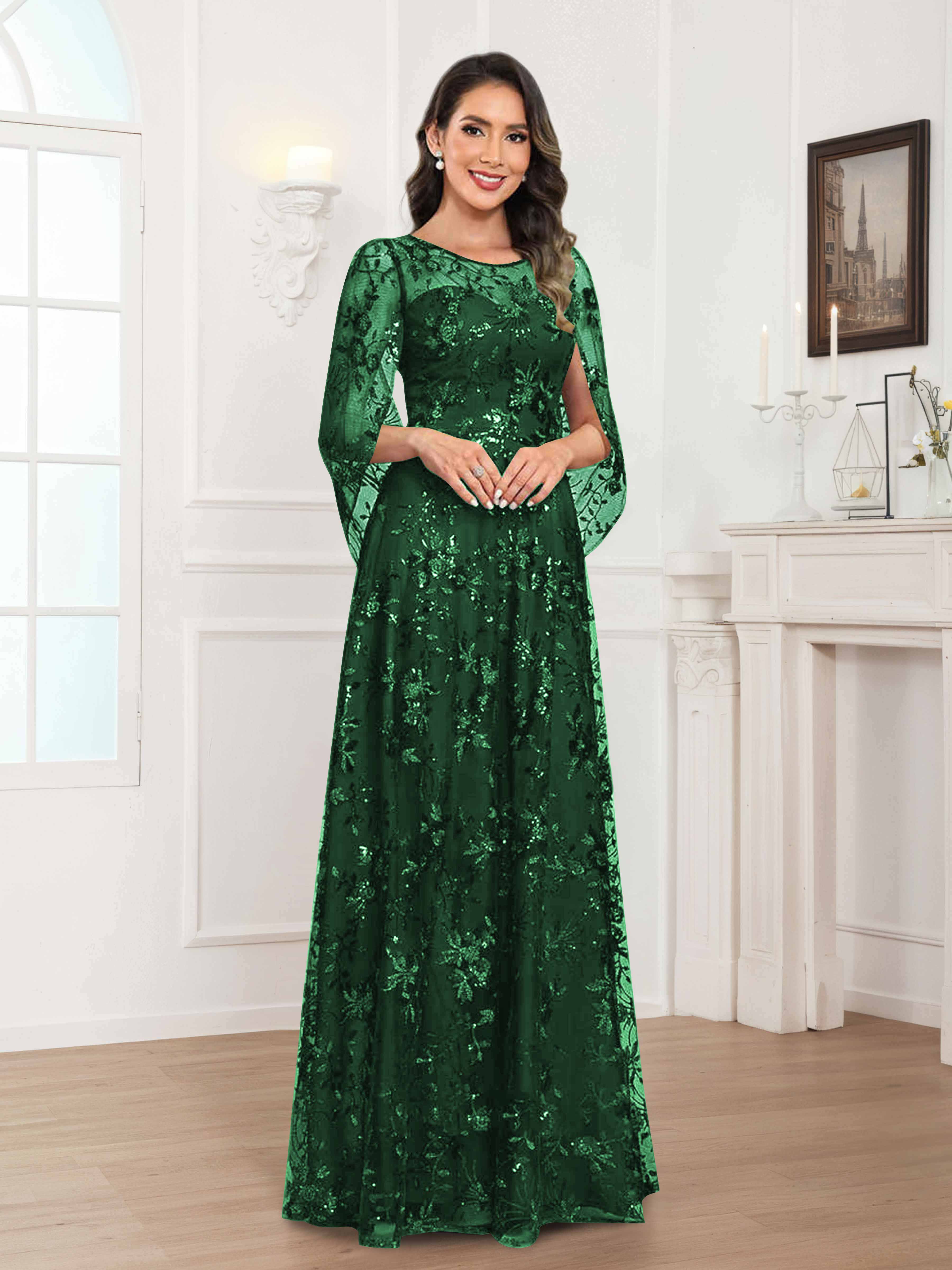 Quenella Chic A-line Illusion Sequin Lace Floor Length Mother of the Bride Dresses