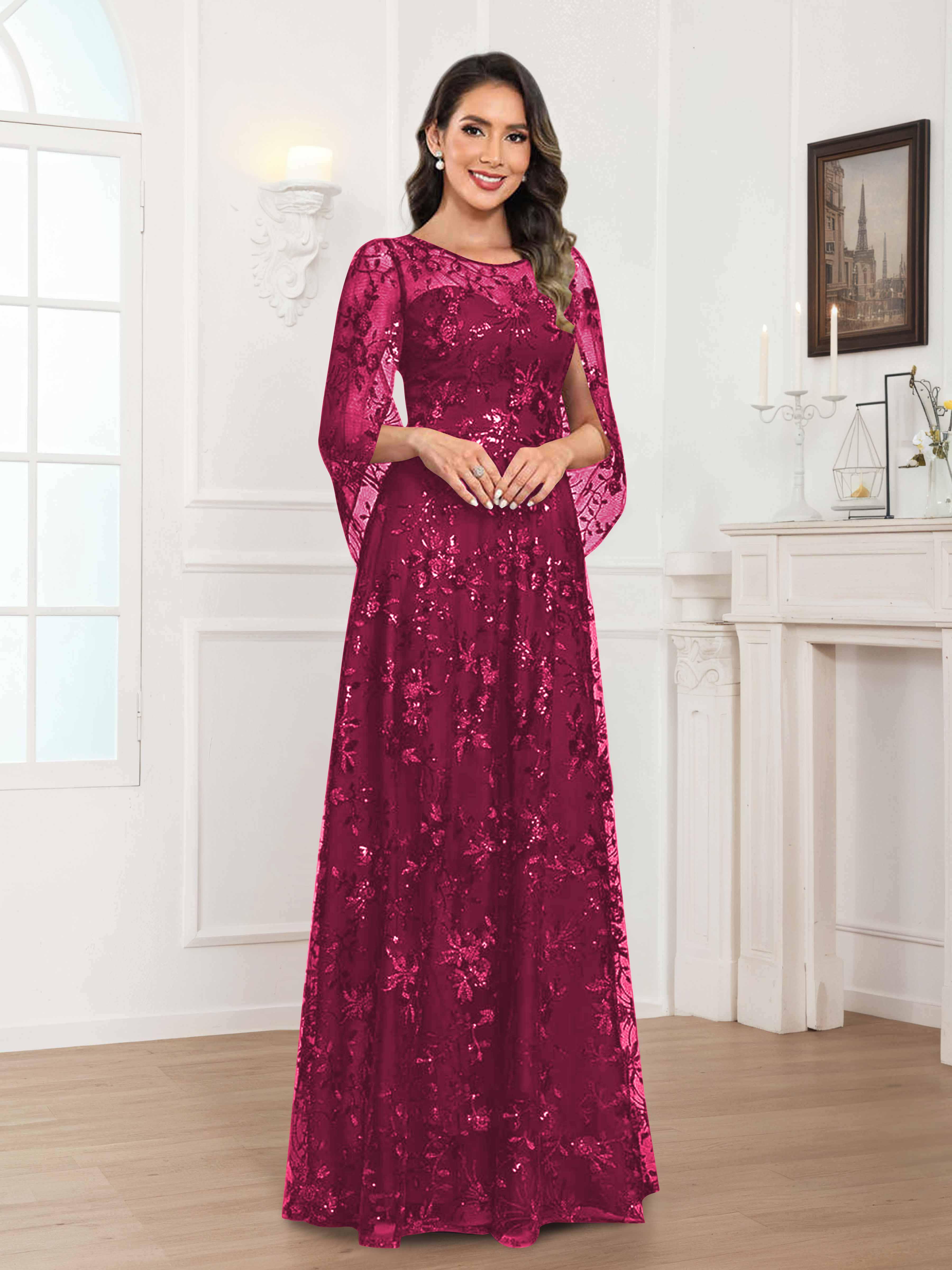 Quenella Chic A-line Illusion Sequin Lace Floor Length Mother of the Bride Dresses