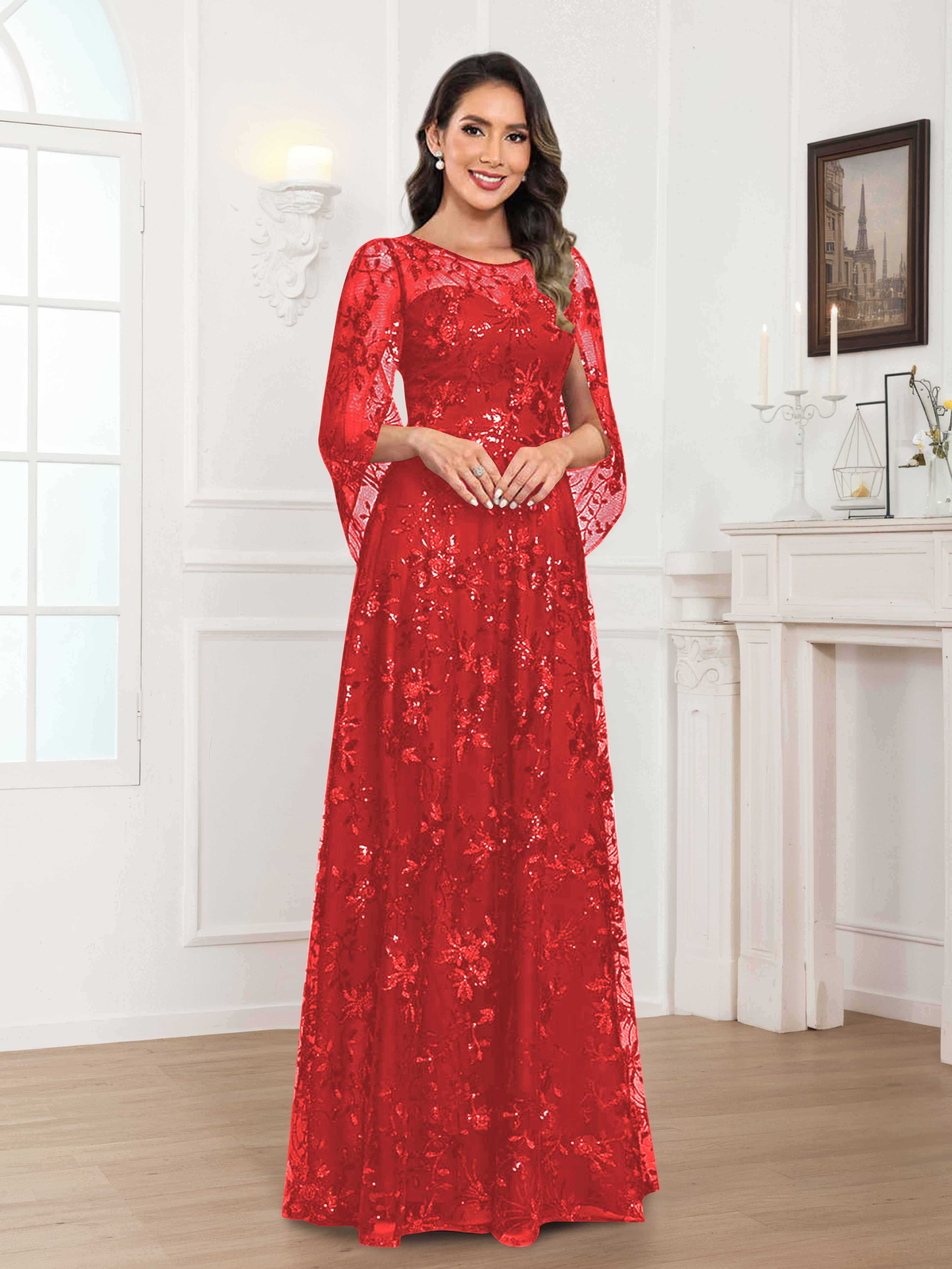 Quenella Chic A-line Illusion Sequin Lace Floor Length Mother of the Bride Dresses